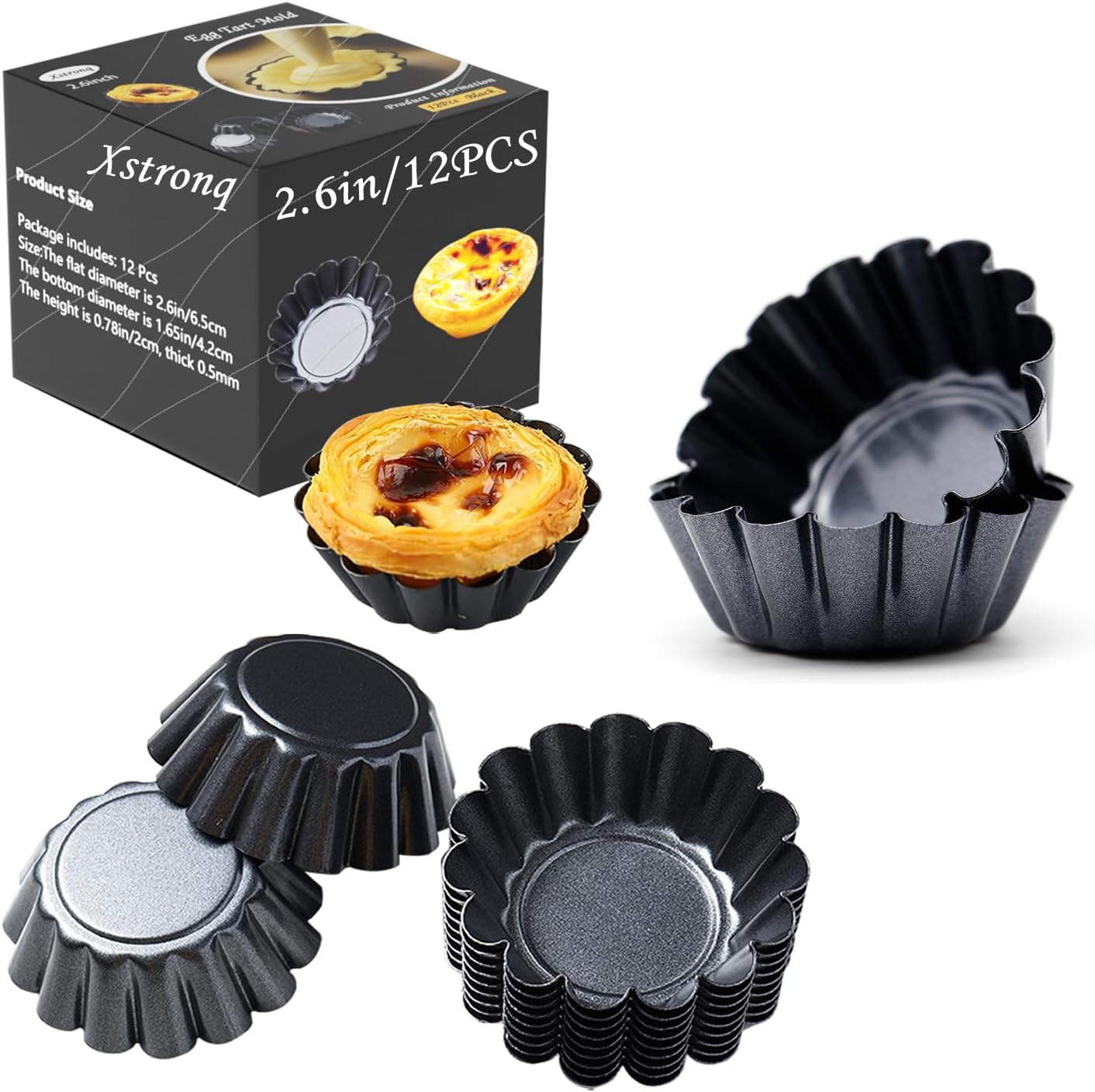 Egg Tart Molds 12PCS Tart Pan 2.6inch, Mini Carbon Steel Non Stick Tart Pans, Tart Molds For Baking (2.6 inch)