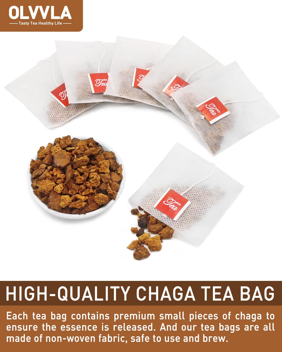 Olvvla - Chaga Tea Bags - 2.5g X 50 Count - 100% Wild Natural Chaga Mushroom Herbal Tea - Sourced from Siberia - Caffeine Free - Gluten-Free - Rich in Antioxidants