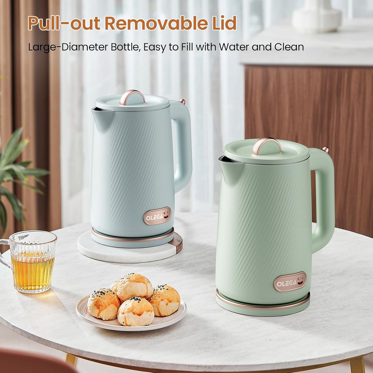 OLEGA Electric Kettle - 1500W Electric Tea Kettle 1.8L Stainless Steel Inner Electric Kettles for Boiling Water Auto Shut Off Boil-Dry Protection Electric Water Kettle for Coffee Tea Blue