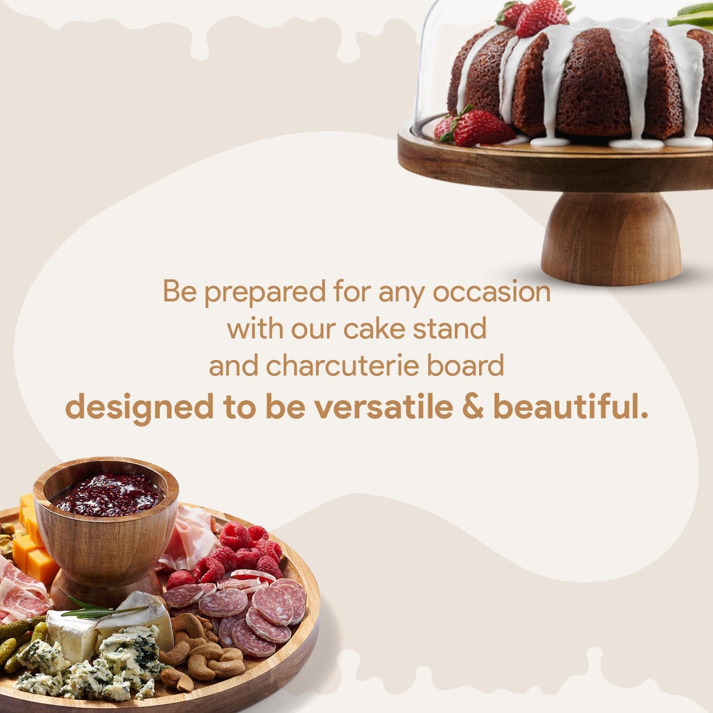 Acacia Wood Cake Stand with Lid - 12in Round Cake Holder, 2-in-1 Dessert Table Display Set & Charcuterie Board for Cheese, Chips & Dips, Nachos, Fruit Platter, Large Acrylic Cake Dome Cover