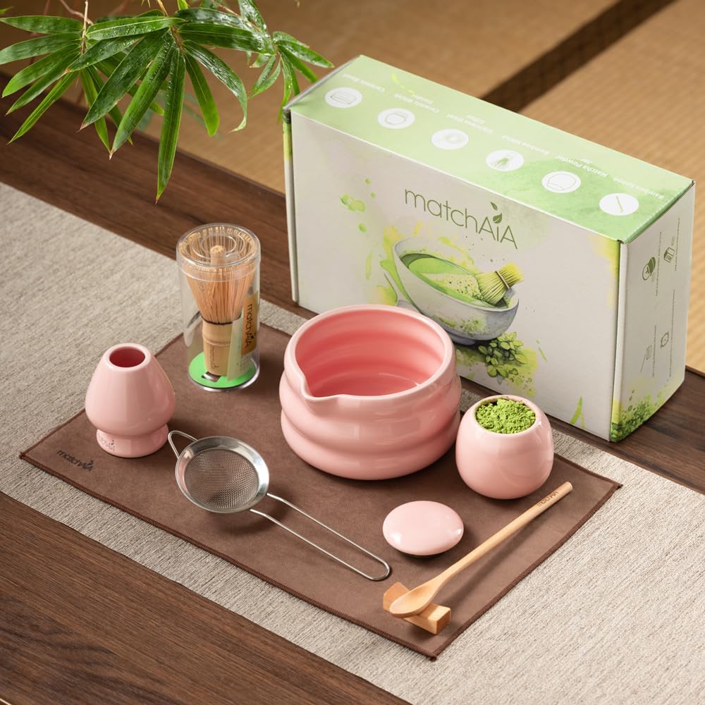 8 Pcs Matcha Set - Ceramic Bowl, Bamboo Whisk with Holder, Canister, Sifter, Schima Spoon, Spoon Rest and Tea Towel, Complete Kit for Traditional Matcha and Modern Lattes (Pink)