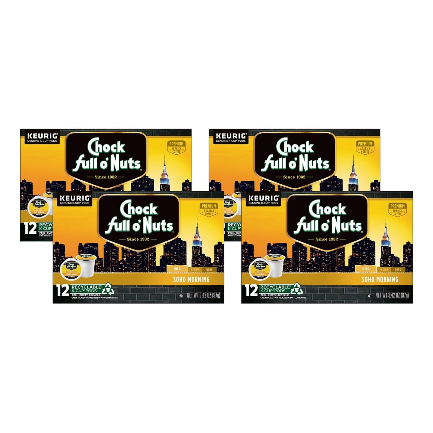 Chock Full o'Nuts Soho Morning Coffee, Mild Roast, Compatible with K-Cup Pods, 12 CT (Pack of 4)