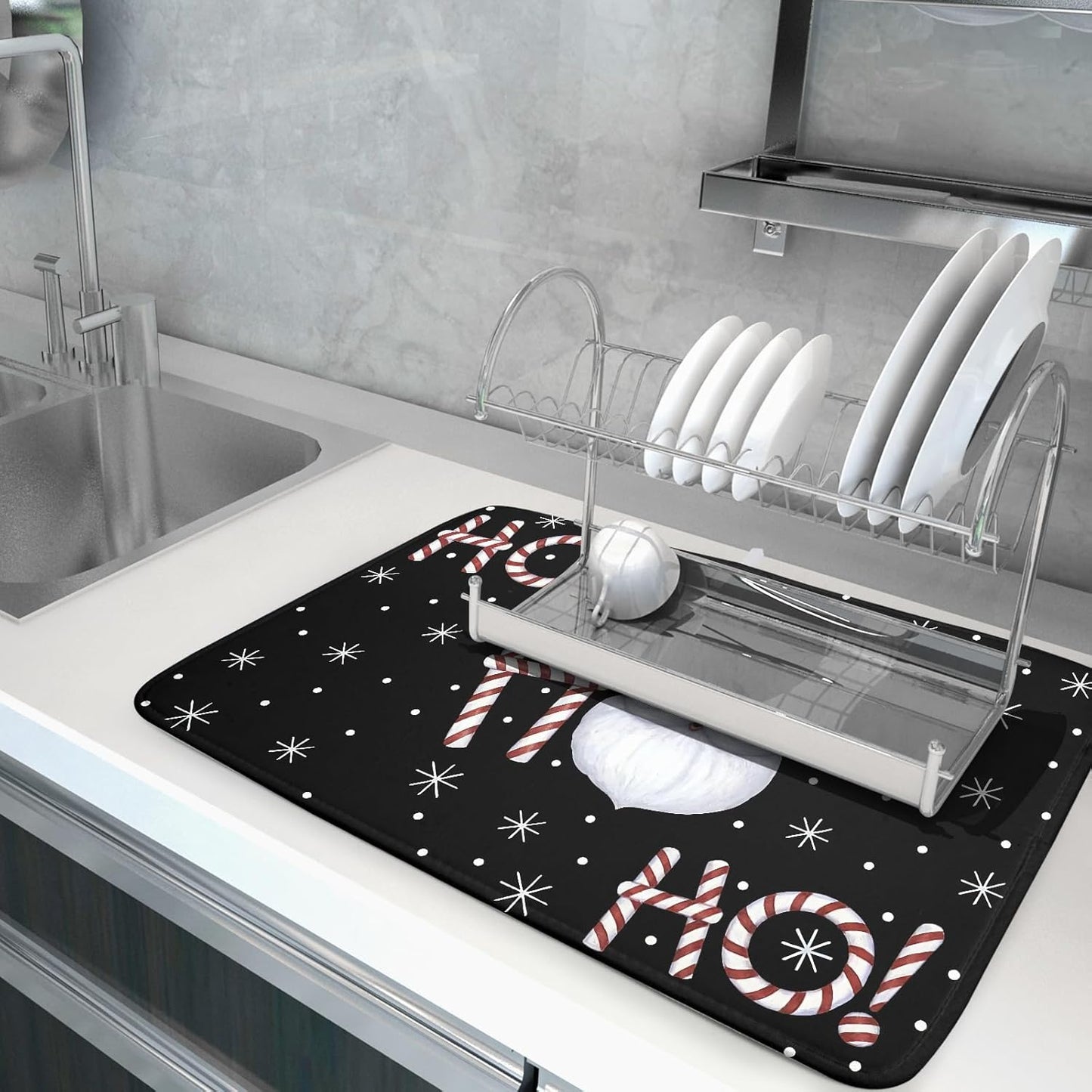 Christmas Santa Laugh Dish Drying Mat Winter Snowflakes Black Dish Drainer Mats Xmas Candy Cane Stick Sweet Dish Dry Pad for Kitchen Countertop Coffee Bar 18x24 inch Large