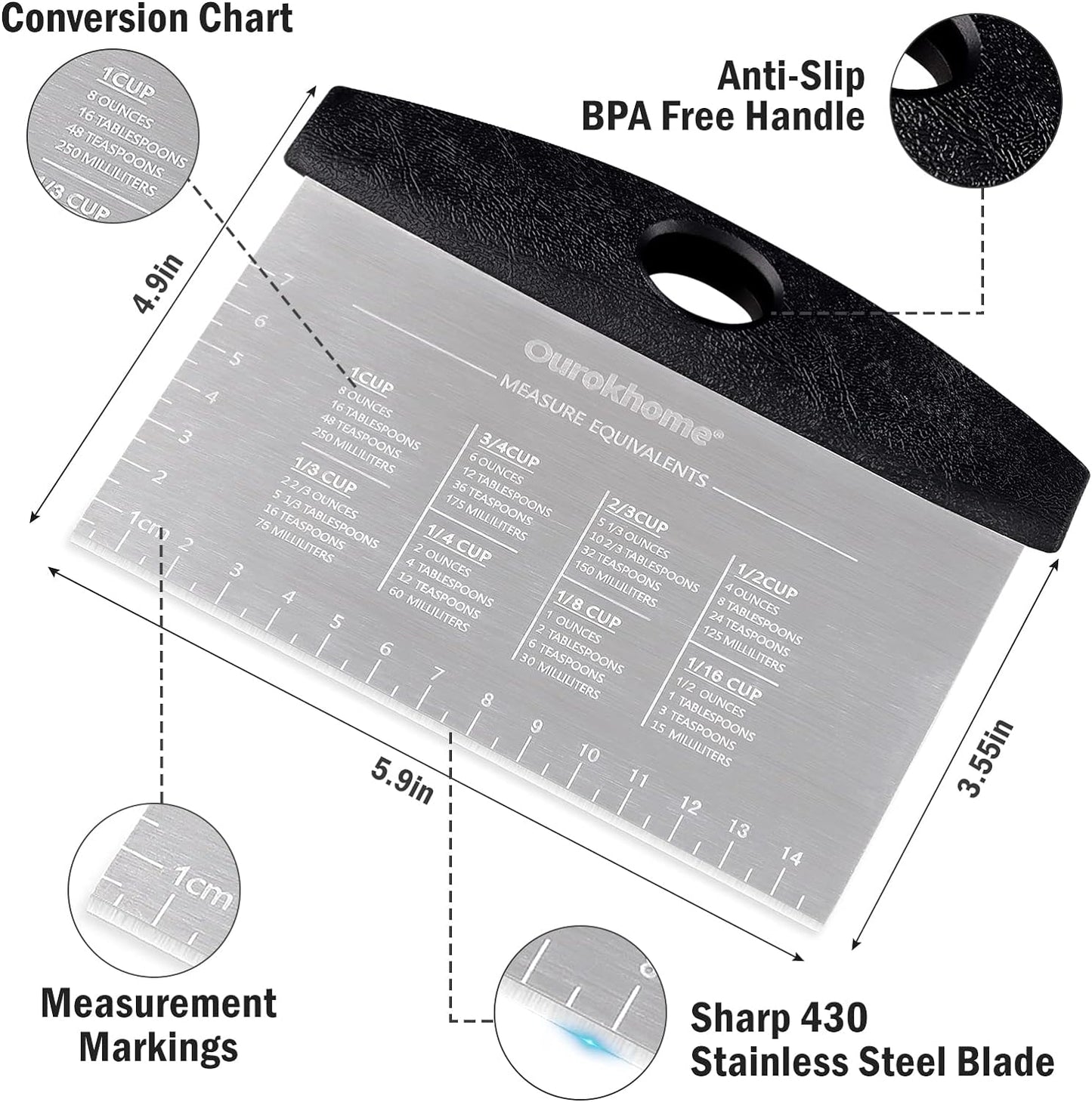 Ourokhome Dough Pastry Bench Cutter Scraper, Stainless Steel Pizza Cutter for Kitchen Baking, Dishwasher Safe, Anti-Wear Laser-Engraved Measuring Scale and Conversion Chart, 2 Pack, Black and Red