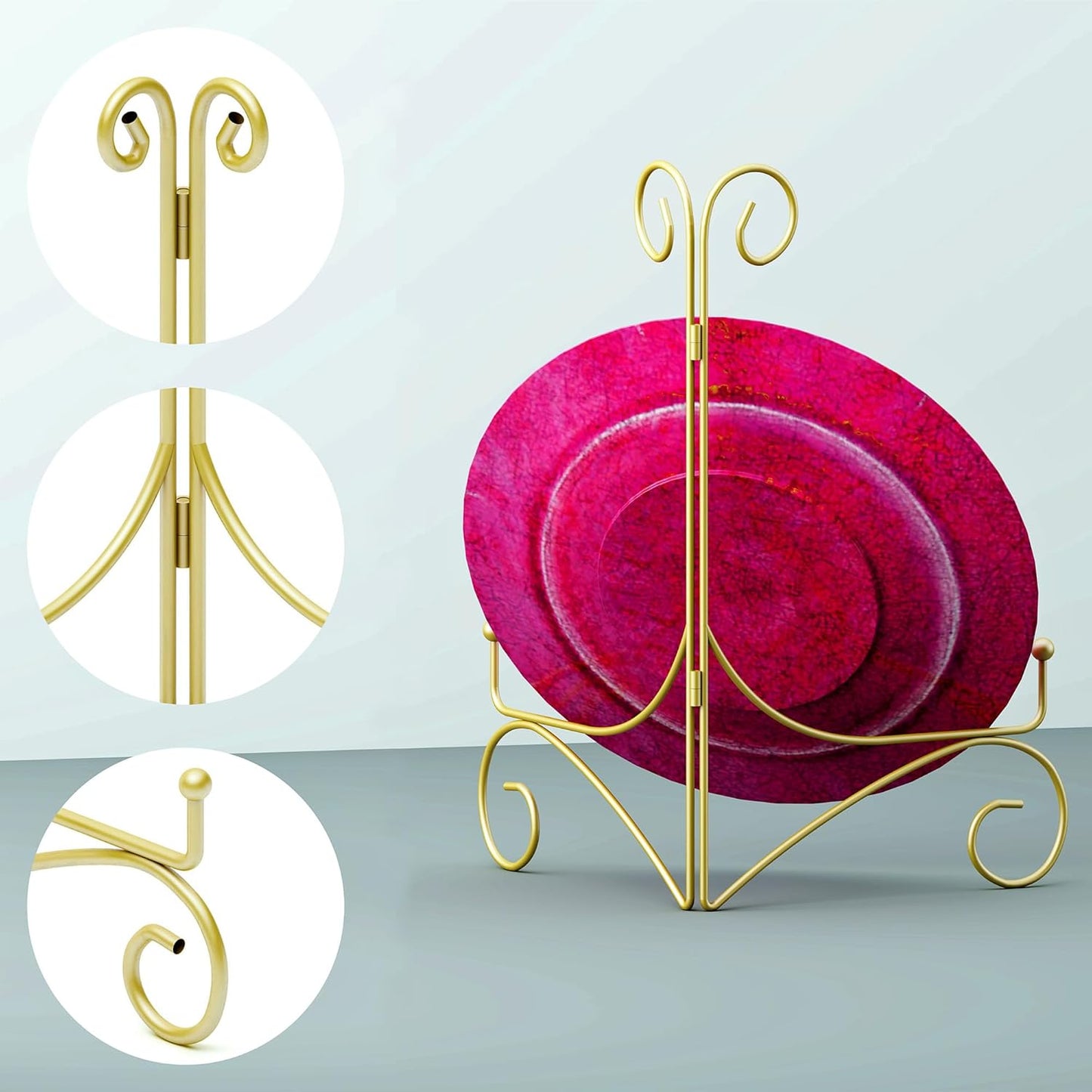 Plate Display Stands with Hinged Folding Design, 8 Inch Picture Frame Stand for Tables, Decorative Easels for Plates, Photos, Cards and Books, 8’’ Gold, 2-Pack