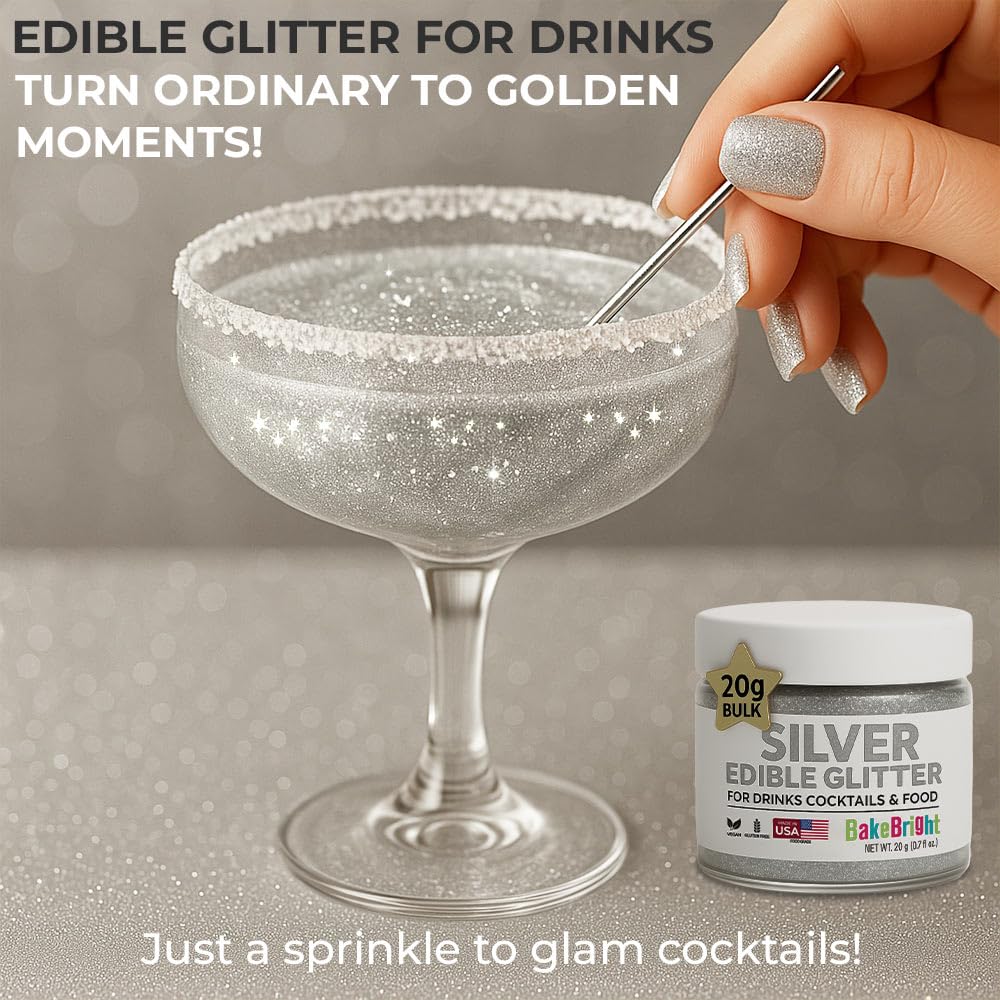 Bulk 20g Silver Edible Glitter for Drinks | Premium Edible Glitter for Cakes, Cocktails, Silver Cake Decorating Decorations Food Grade, Vegan, Kosher, Halal, Gluten Free - Made in USA
