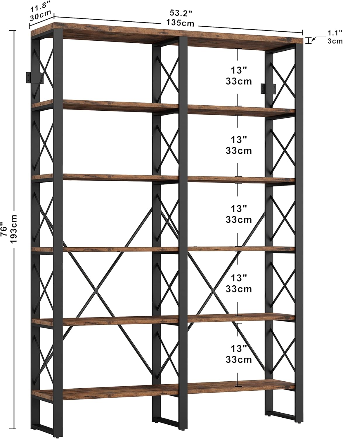 IRONCK Bookshelf Double Wide 6-Tier 76" H, Open Large Bookcase, Industrial Style Shelves, Wood and Metal Bookshelves for Home Office, Easy Assembly