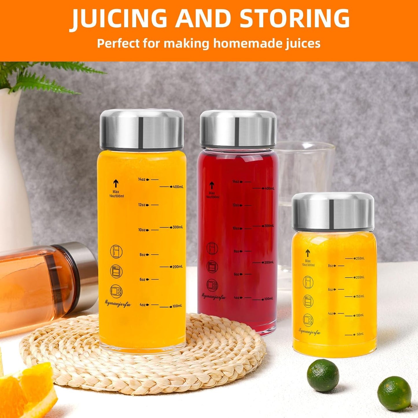 Glass Juice Bottles 4 Pack 16 oz - Wide Mouth Glass Water Bottles with Lids - for Juicing, Smoothies, Milk, Protein, BPA Free, Reusable, Stainless Steel Lids, Leak Proof, Shaker bottle [16oz/500ml]