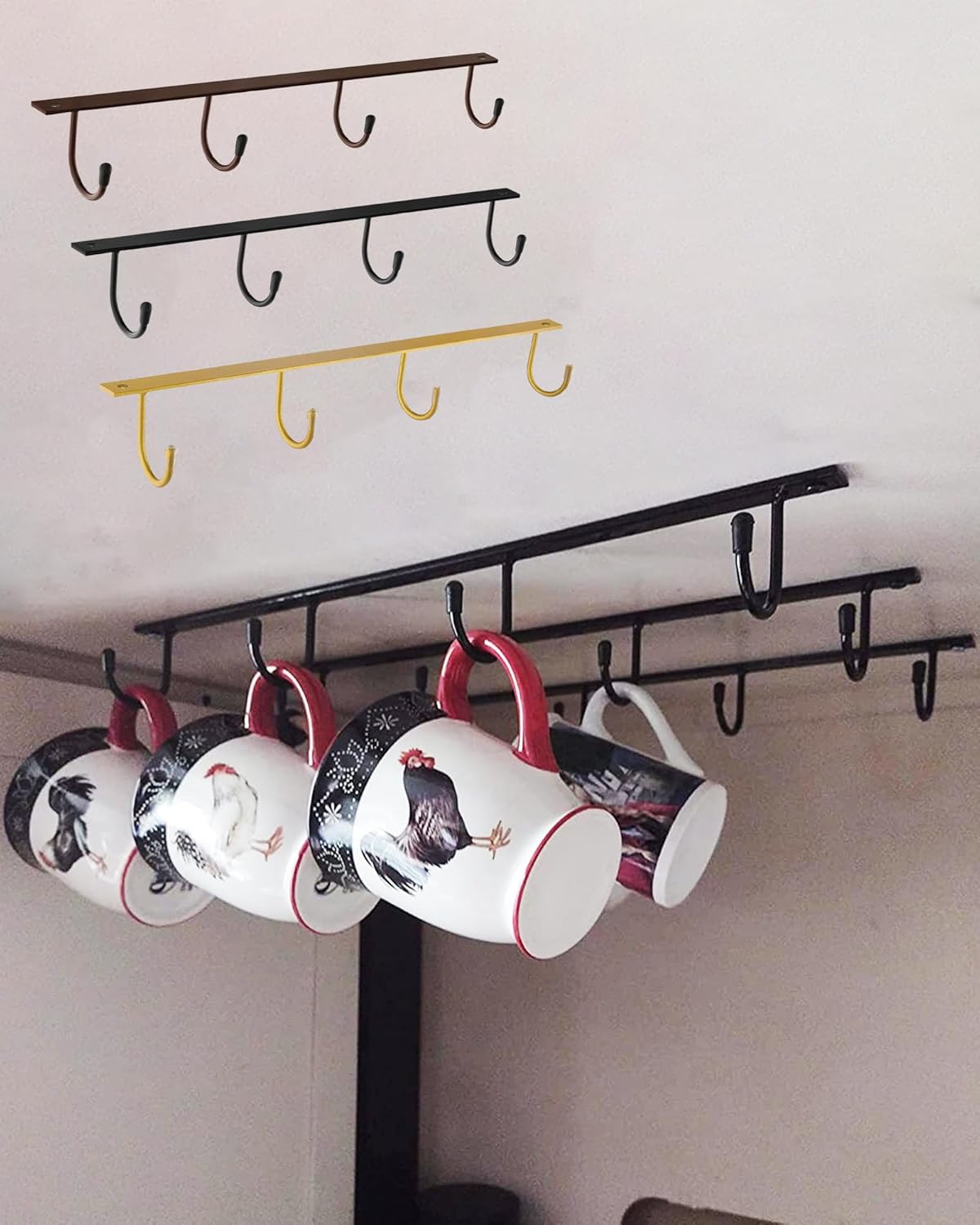 Mugs Hooks 3 Pcs Mug Holder Under Cabinet Coffee Hooks for Mugs Iron Hanging Mug Rack Under Shelf Kitchen Dining Bar Organizer Rack - Bronze