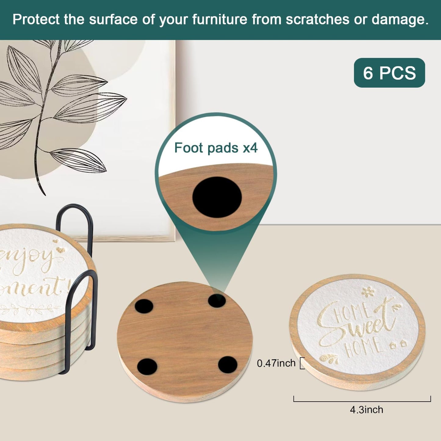 Wood Coasters for Drinks Housewarming Gifts for Home Decoration Absorbent Coasters with Holder for Coffee Tabletop Protection 4.3 Inch White