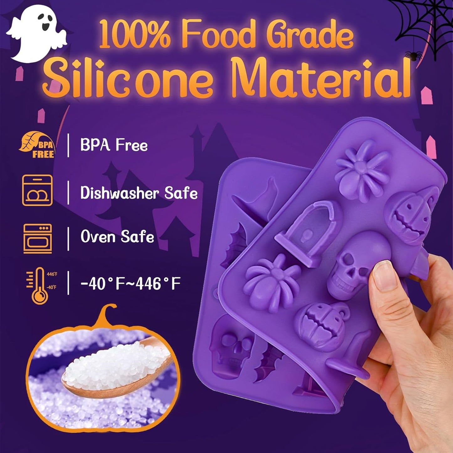 JOERSH Halloween Chocolate Silicone Molds, 4PCS Skull Pumpkin Witch Hat Bat Spider Tombstone Shaped Candy Mold Non Stick Baking Pan for DIY Chocolate, Fondant, Cake Decorating
