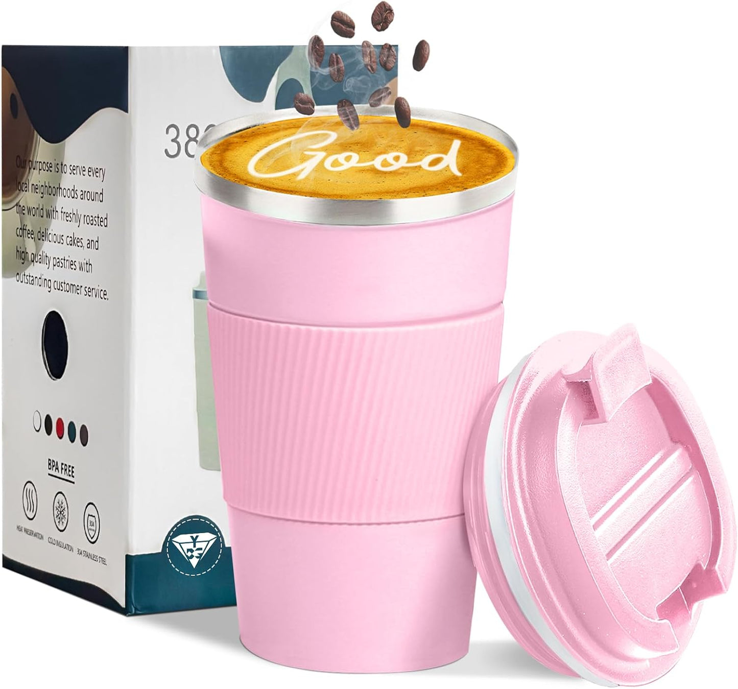 YINBAOGE Insulated Travel Coffee Mug Spill Proof Leak Proof Pobtable To Go Camping Stainless Steel Coffee Tumbler Reusable Coffee Cups with Lids Thermos for Hot and Cold Drink (Pink, 17 OZ)