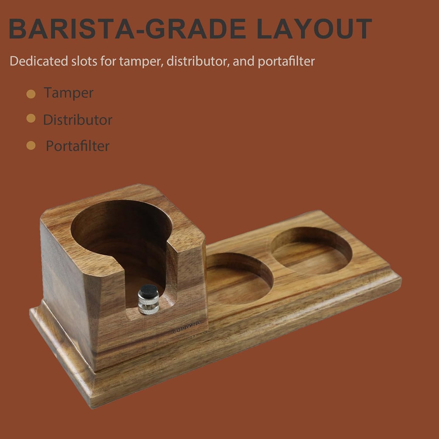 Walnut Espresso Tamping Station 54mm – Coffee Tamper Station with Raised Portafilter Platform, Flat Anti-Slip Base & Natural Wood Texture – Espresso Tamper Station for Home Barista Setup