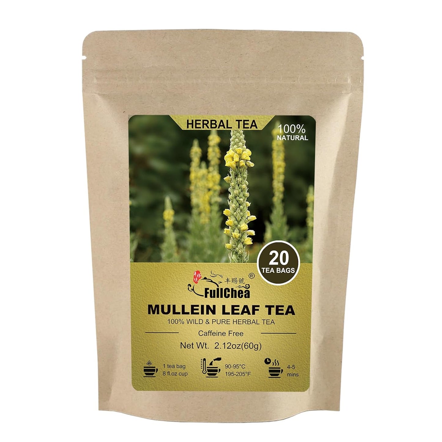 FullChea - Mullein Leaf Tea Bags, 20 Teabags, 3g/bag For Lungs - Non-GMO - Caffeine-free - Natural Healthy Herbal Tea