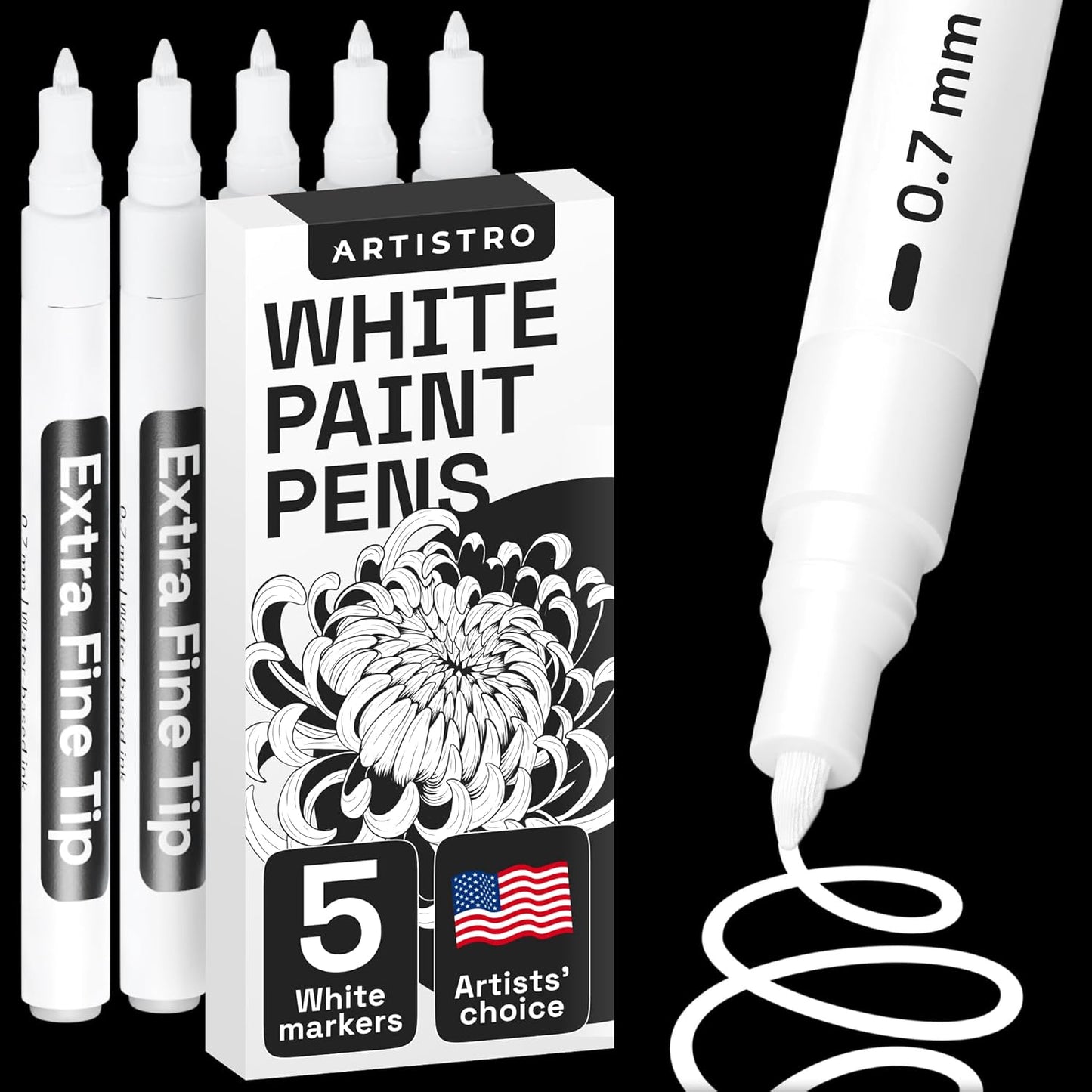 ARTISTRO 5 White Paint Pen for Rock Painting, Stone, Ceramic, Glass, Wood, Tire, Fabric, Metal, Canvas. Set of 5 Acrylic Paint White Marker Water-based Extra-fine Tip