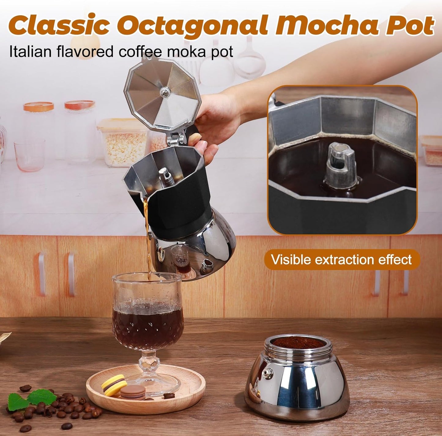 No Coating 4 Cup Aluminum and Stainless Steel Moka Pot Stovetop Espresso Maker Italian Coffee Machine 220ml 7.44oz Suitable for Gas Induction Stovetop Greca Coffee Maker Percolator Black