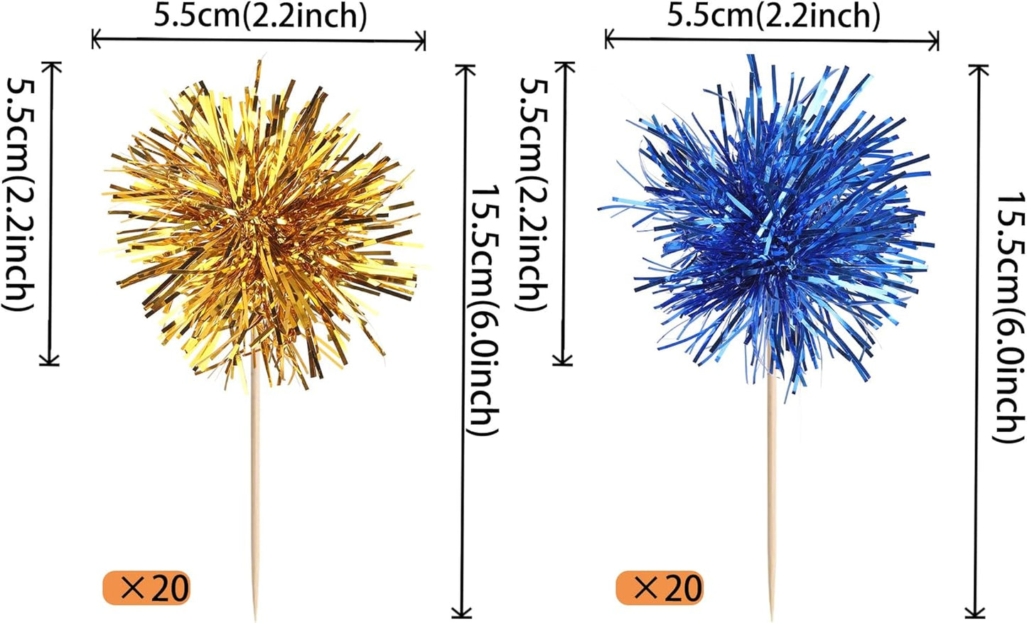 40 PCS Foil Firework Cupcake Toppers Sparkle Tinsel Cupcake Picks Fireworks Birthday Party Decorations Cocktail Fruit Toothpick for Birthday Wedding Graduation Party Decorations Supplies Gold Blue