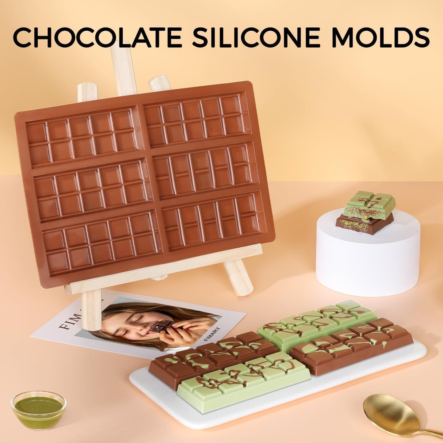 Chocolate Bar Mold Deep Silicone Break-Apart Chocolate Mold Non-Stick Chocolate Mold Dubai Chocolate Bar Mold Pistachio (10 Snap, Set of 2) (10 Snap)