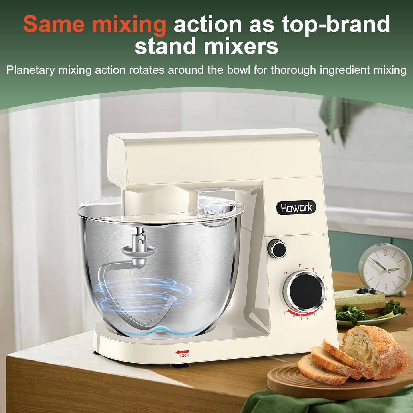 HOWORK Stand Mixer,10+p Speeds With 5.5QT Stainless Steel Bowl,Dough Hook, Wire Whip & Beater,for Most Home Cooks,Cream White