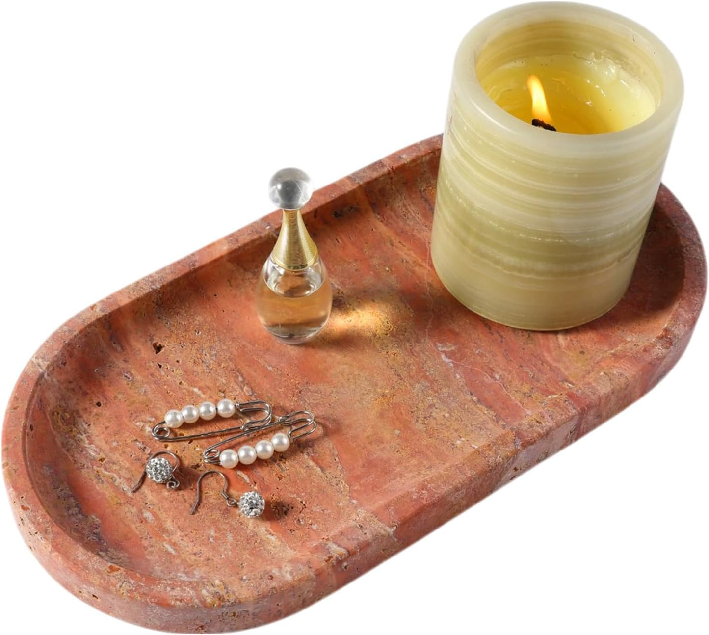 Koville Turkish Red Travertine Tray, 10" x 5" Vanity Decorative Marble Tray for Bathroom, Home Décor Trays for Countertop Organizer, Catchall Trays for Perfume, Candles, Jewelry