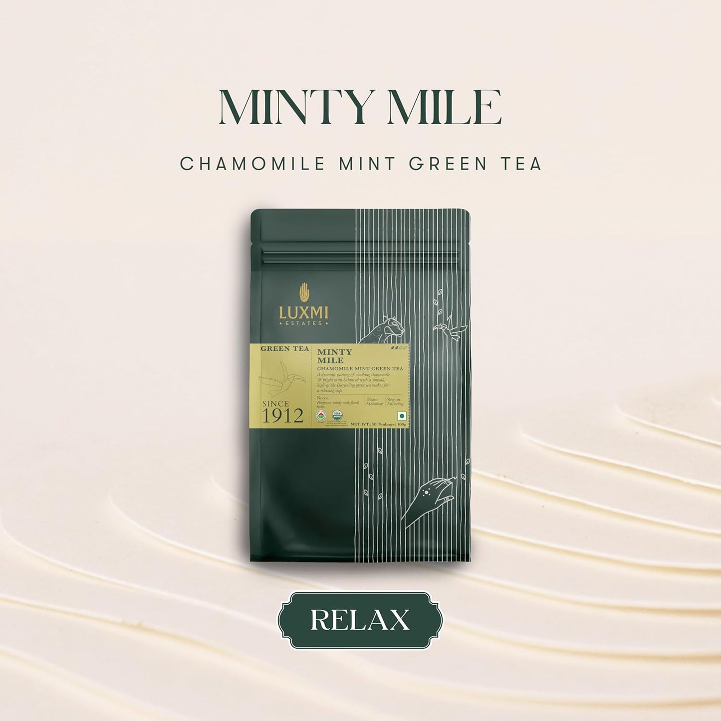 Luxmi Estates Minty Mile Organic Chamomile Mint Green Tea (50 Tea Bags) Low Caffeine Tea Bags For Relaxing, Calming, and Stress Relief, With Certified Organic Darjeeling Makaibari Green Tea