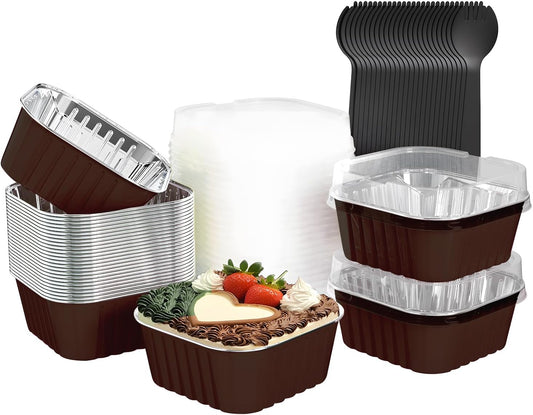25 Pack Square Mini Cake Pans with Lids,Mini Loaf Pans with Lids,Aluminum Foil Baking Cups,Disposable Ramekins Cupcake Cups,Muffin Tins,Dessert Cups for Wedding Birthday Party Picnics,5oz (Coffee)
