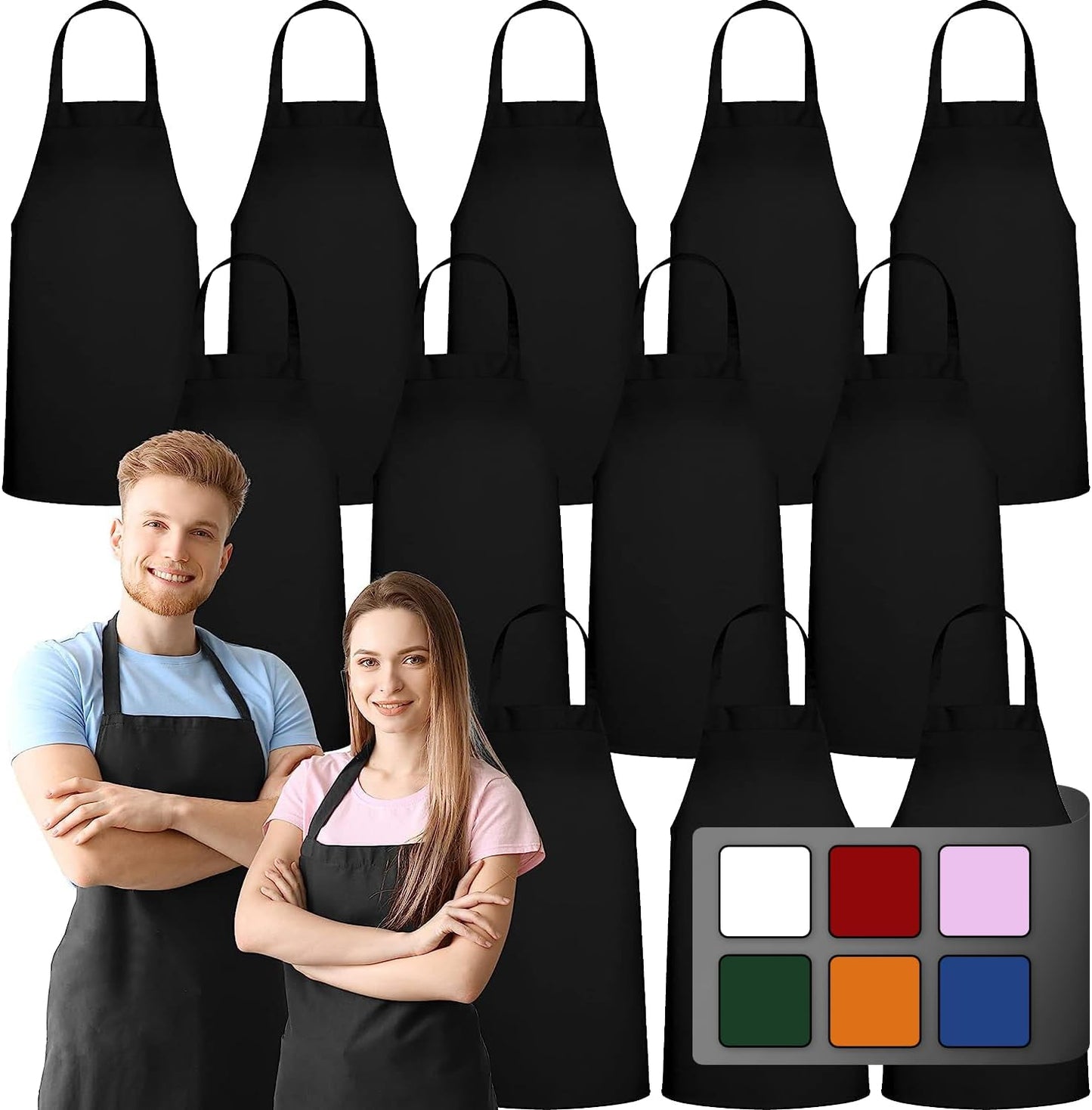 GREEN LIFESTYLE 12 Pack Bib Apron - Unisex Black Aprons, Machine Washable Aprons for Men and Women, Kitchen Cooking BBQ Bulk (Pack of 12, No Pockets, Black)