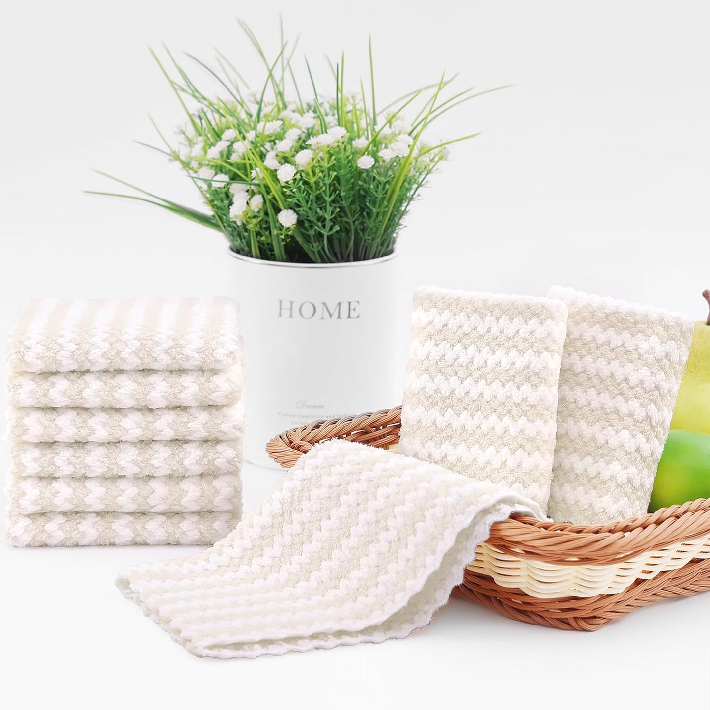 Homaxy 12 Pack Kitchen Dish Cloths, Ultra Soft and Absorbent Dish Towels, Reusable Fast Drying Microfiber Cleaning Cloth, Coral Velvet Wave Design No-lint, 10 x 10 inches, Beige