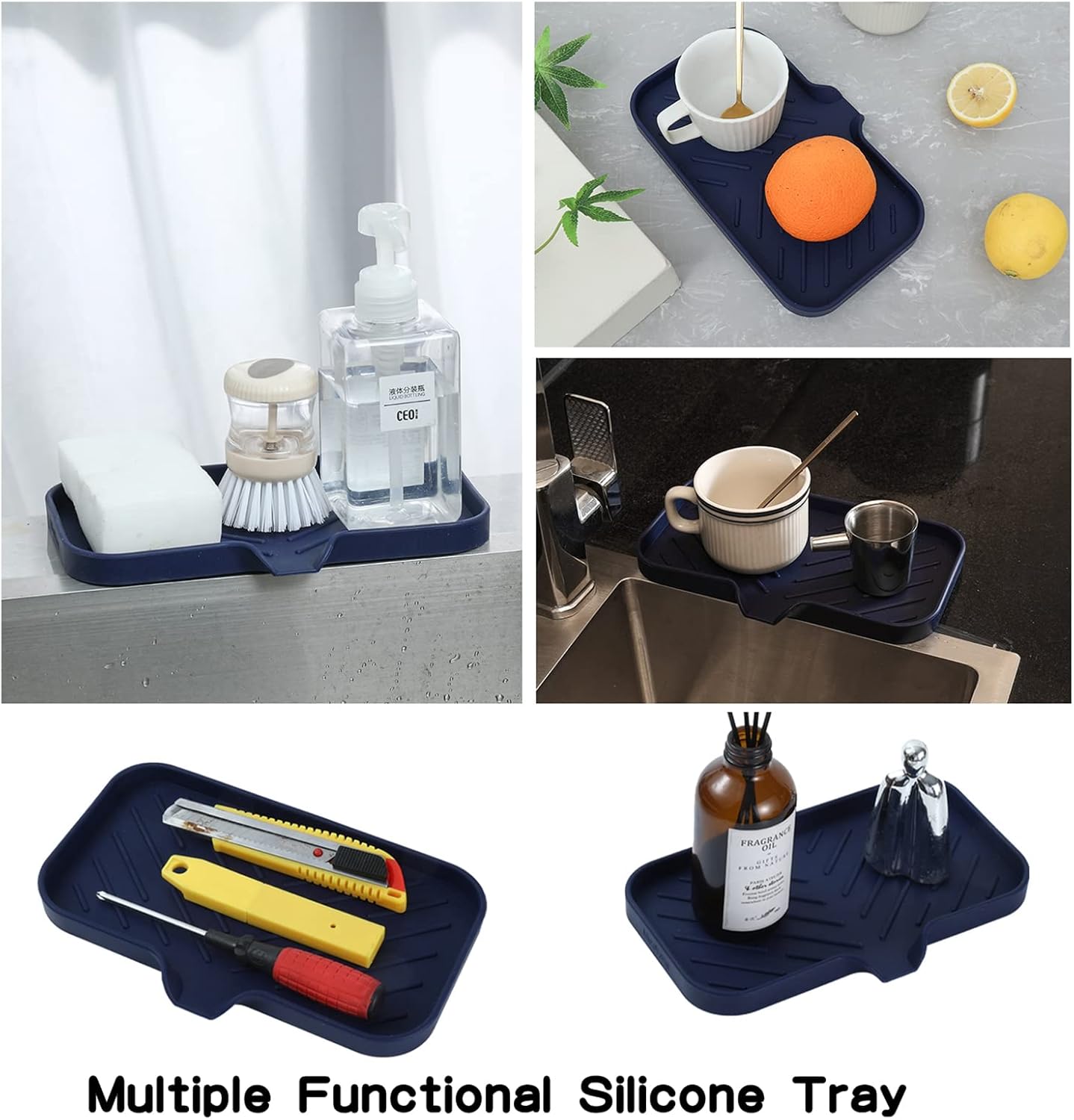 Silicone Bathroom Soap Dishes with Drain Spout-Kitchen Sink Organizer,Sponge Holder,Dish Soap Tray,Perfect for Dispenser,Scrubber,Bottle,Cup on Sink or Counter-Navy Blue 9.6"×5.3"