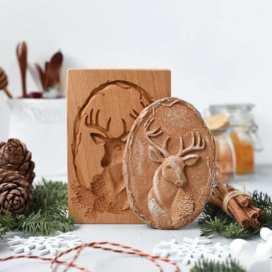 MOTEERLLU Wooden Cookie Molds, Wooden Cookie Biscuit Mold Baking Cookie Mold Wooden Carved Mold Cookie Cutter Embossing Mold, DIY Shapes Cookie Stamp,Gingerbread Mold, Christmas Reindeer