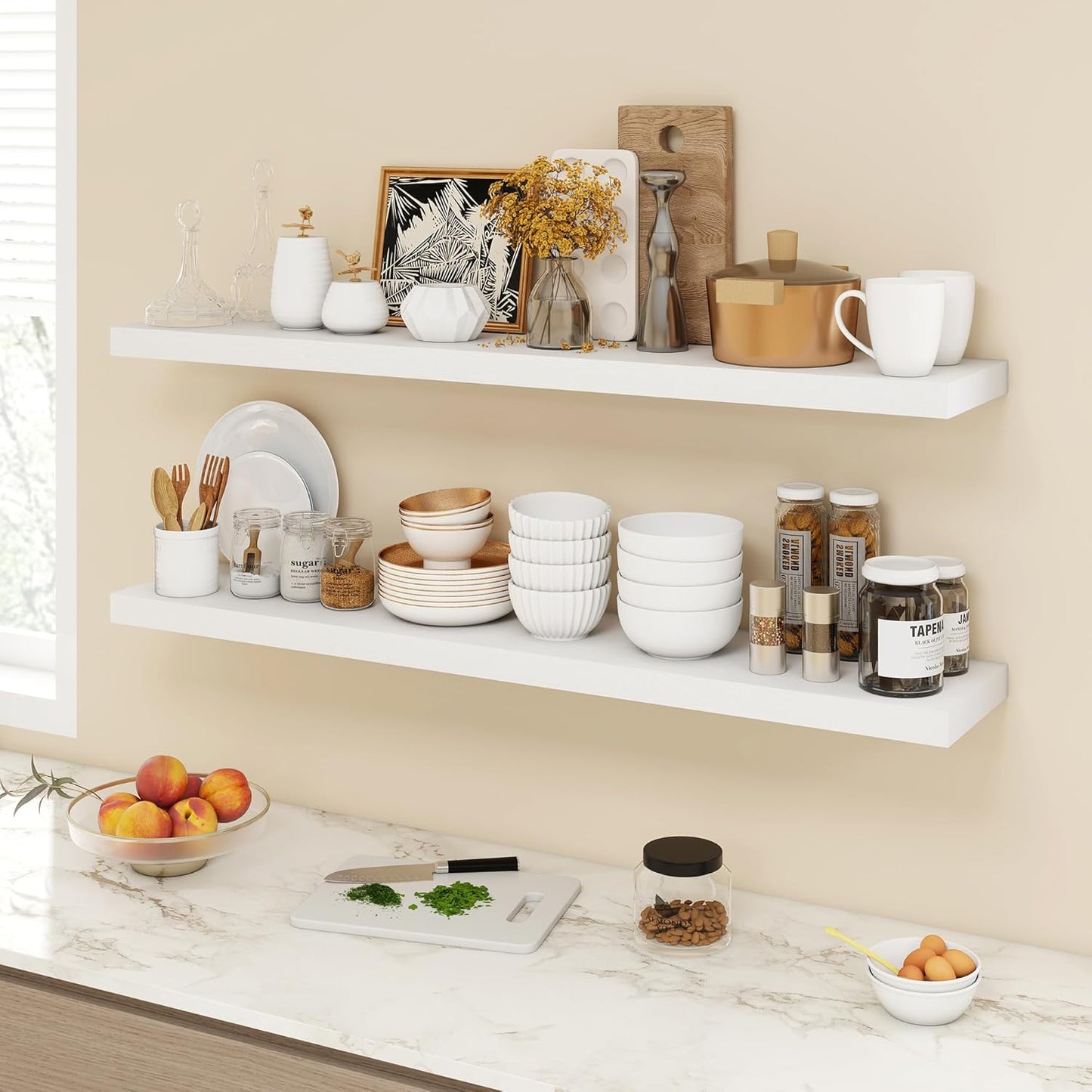 48 Inch Floating Shelves, 9.3" Deep Floating Shelf Wall Mounted, 48" Wall Shelves, Rustic Deep Bookshelf, Large Display Shelves & Storage Shelves for Bedroom, Living Room, White, Set of 1