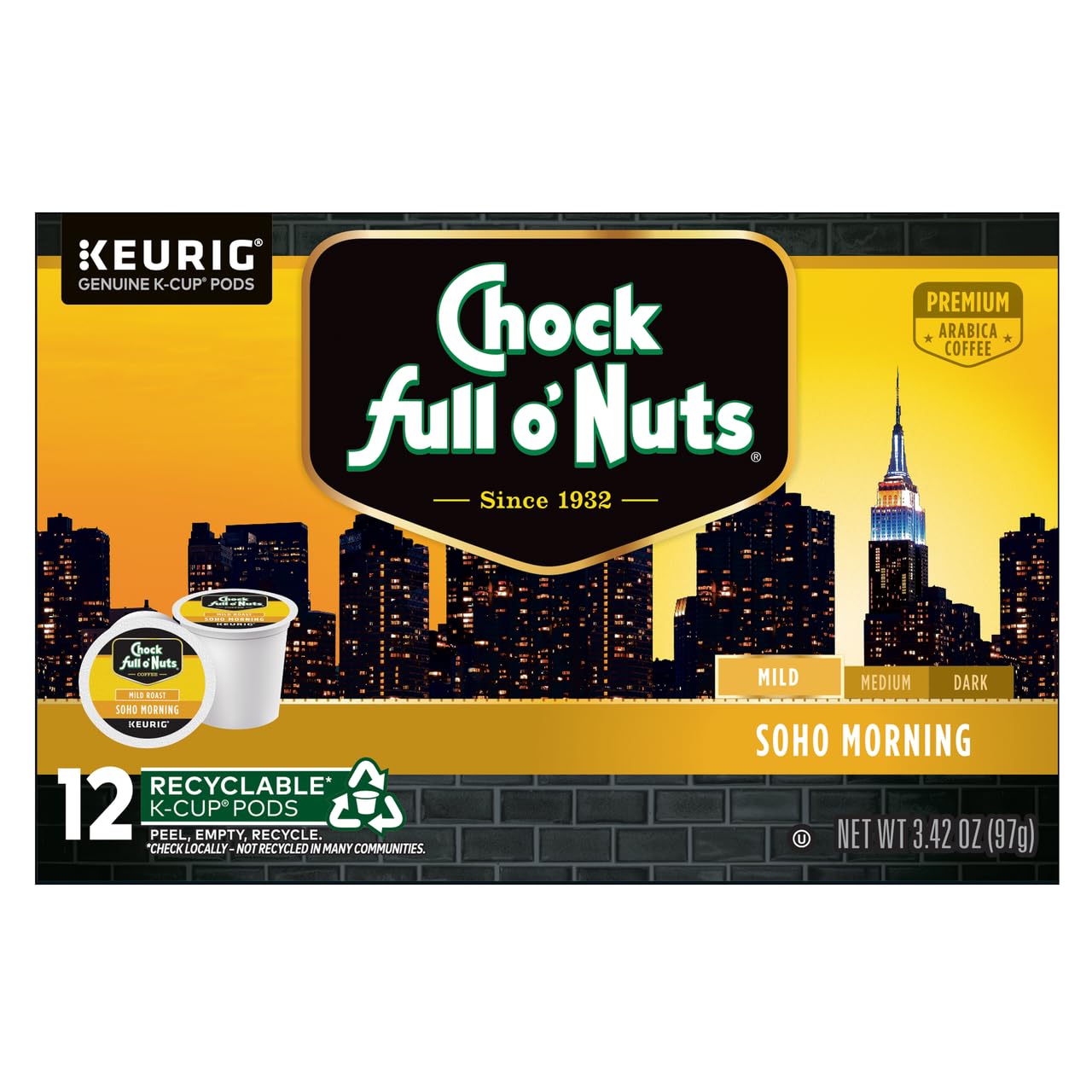 Chock Full o'Nuts Soho Morning Coffee, Mild Roast, Compatible with K-Cup Pods, 12 CT (Pack of 2)