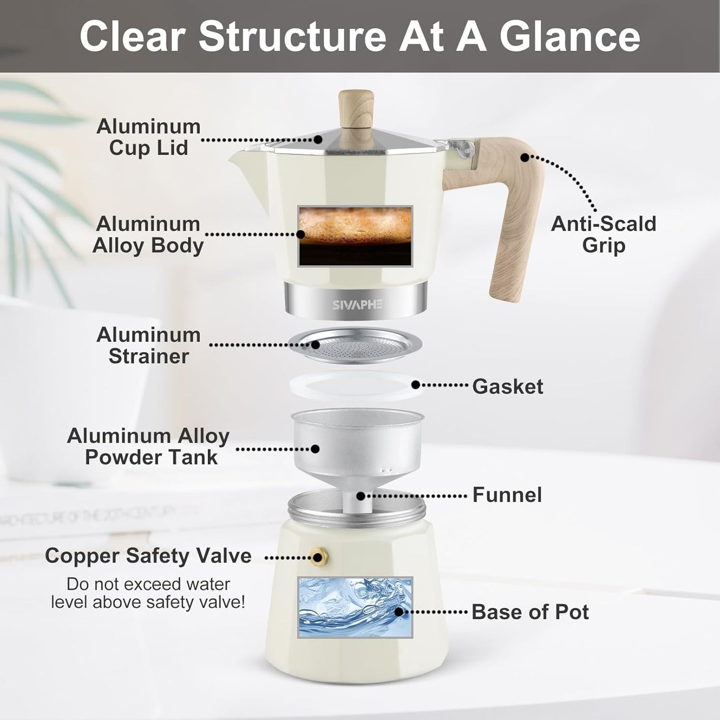 Sivaphe Aluminum Moka Pot 6 Espresso Cups, Percolator Espresso and Coffee Maker, Portable Stovetop Italian and Cuban Café Brewer for Home and Camping White