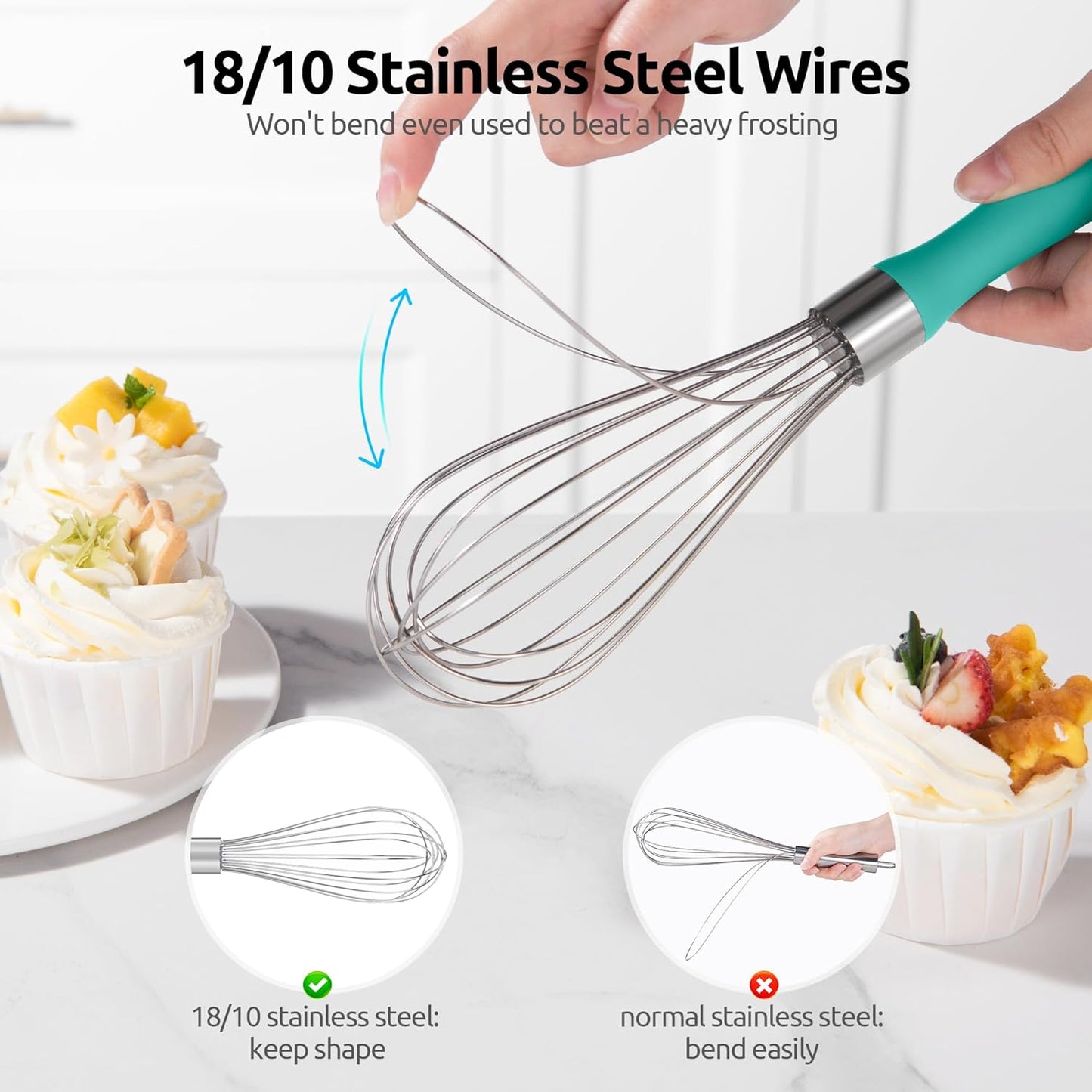 U-Taste Balloon Whisk for Cooking: 18/10 Stainless Steel Kitchen Wire Whisk, Medium Heavy Duty Egg Beater, Manual Baking Mixing Tool with 8 High Flex Wires for Stirring, Blending Sauce (Aqua Sky)