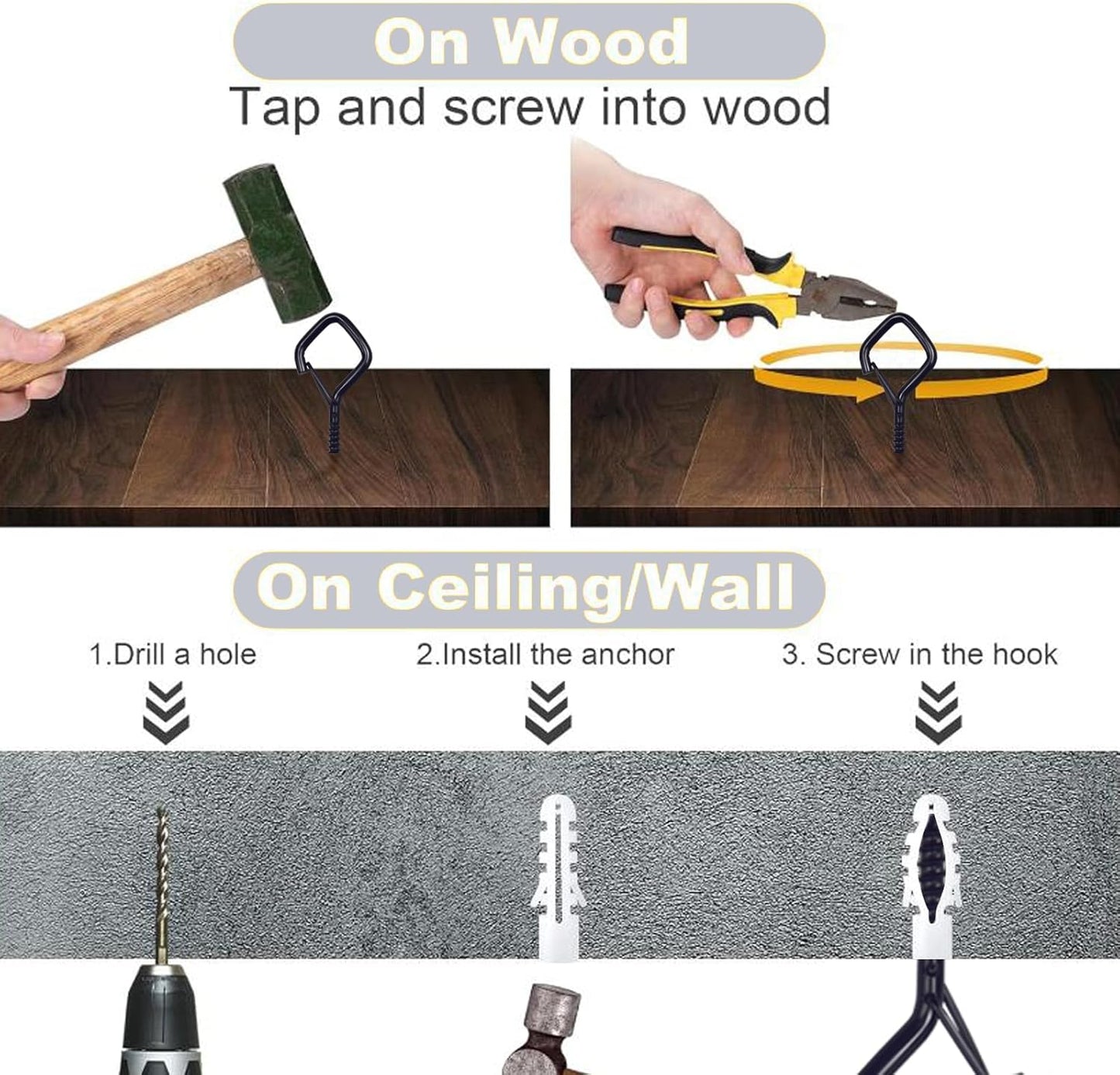 100 PCS Black Eye Screw Hooks for Hanging Heavy Duty with Safety Buckle.Metal Ceiling Hooks for Hanging Plants Cup Wind Chime Bird Feeders Patio Lights at Indoor&Outdoor