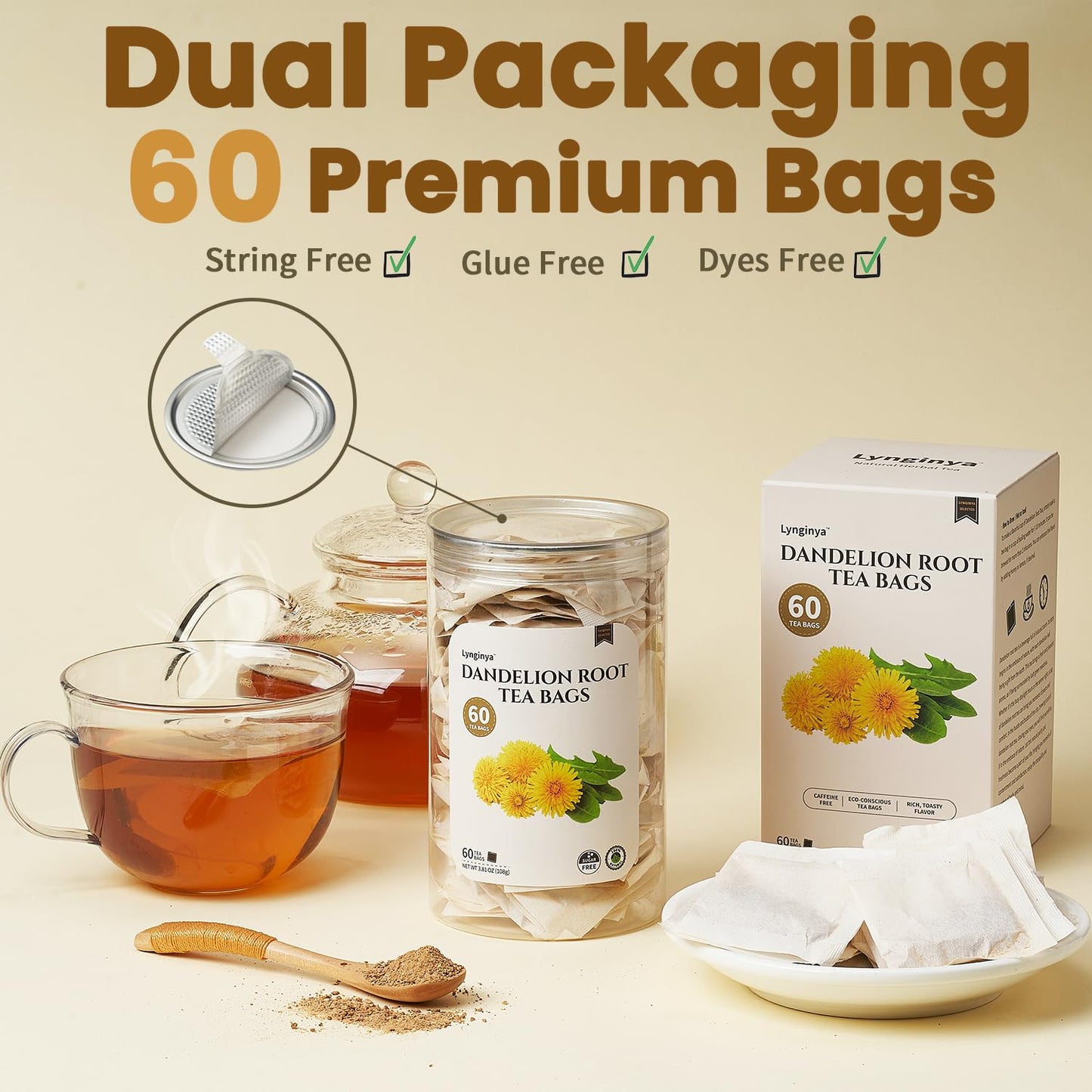 Lynginya Dandelion Root Tea, 60 Tea Bags - Premium Roasted Dandelion Root - Natural Herbal Tea - Rich Flavor - No Sugar & No Caffeine