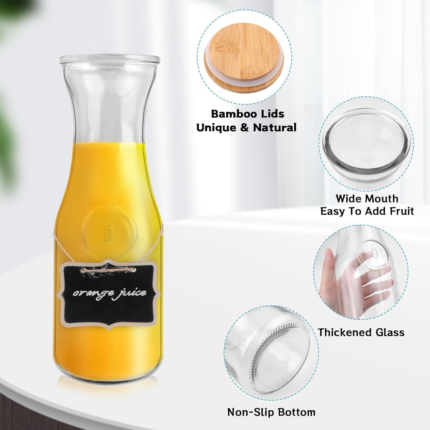 Glass Carafe with Bamboo Lid,35 Oz Beverage Dispensers Carafe,Mimosa Bar Supplies,Juice Bottles, Clear Glass Pitcher with Name Labels for Iced Tea,Coffee,Juice(Pack of 2)