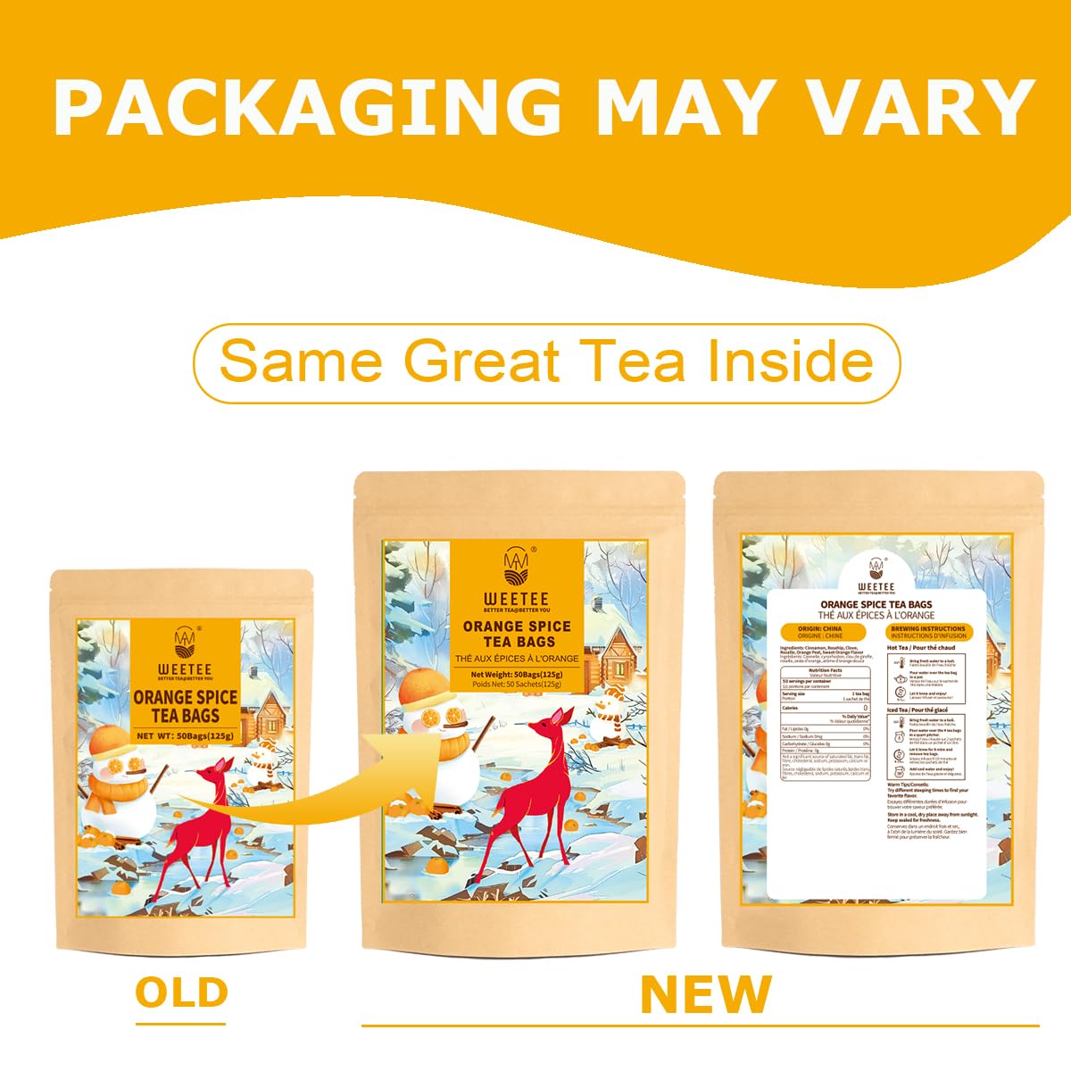 WT WEETEE Orange Spice Herbal Tea Bags, 2.5g x 50 Counts, Sweet Spices Tea Includes Cinnamon, Clove, Orange Peel, Rose Hips, Hibiscus & More, Natural Caffeine-free
