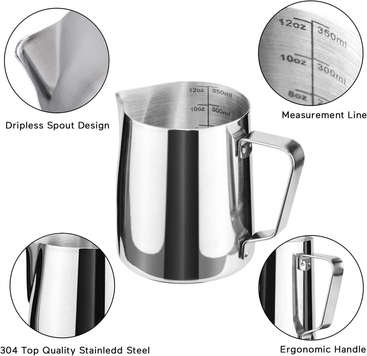 12oz Milk Frothing Pitcher, Stainless Steel Espresso Latte Cup Steaming Pitcher Creamer Cup, Milk Frother Cup Espresso Machine Accessories Barista Tools Jug for Coffee Cappuccino with Latte Art Pen