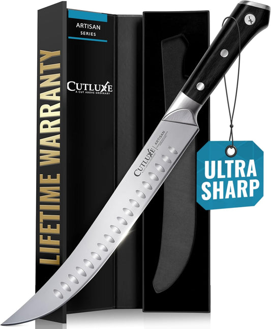 Cutluxe Butcher Knife – 10″ Cimeter Breaking Knife, Razor Sharp Forged High Carbon German Steel, Full Tang Meat Carving Knife, Ergonomic Handle Design – Artisan Series
