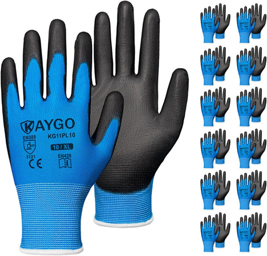 KAYGO Safety Work Gloves PU Coated,12 Pairs KG11PB, Seamless Knit Glove with Polyurethane Coated Smooth Grip on Palm & Fingers, for Men and Women, Ideal for General Duty Work (X-Large,Blue)