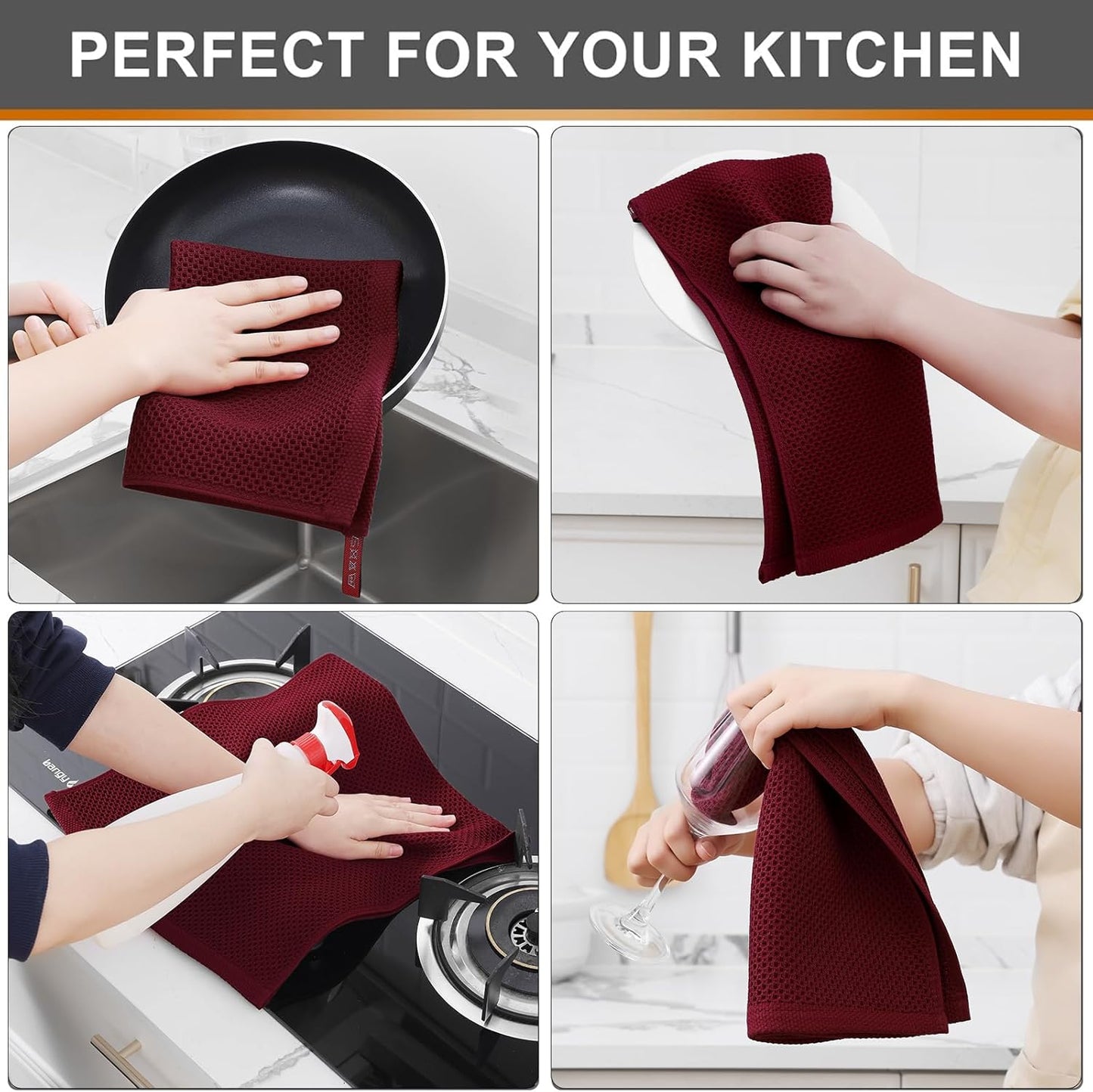 Kitinjoy 100% Cotton Waffle Weave Kitchen Towels, 6-Pack Super Soft and Absorbent Dish Towels for Drying Dishes, Kitchen Hand Towels, 13 in x 28 in, Burgundy