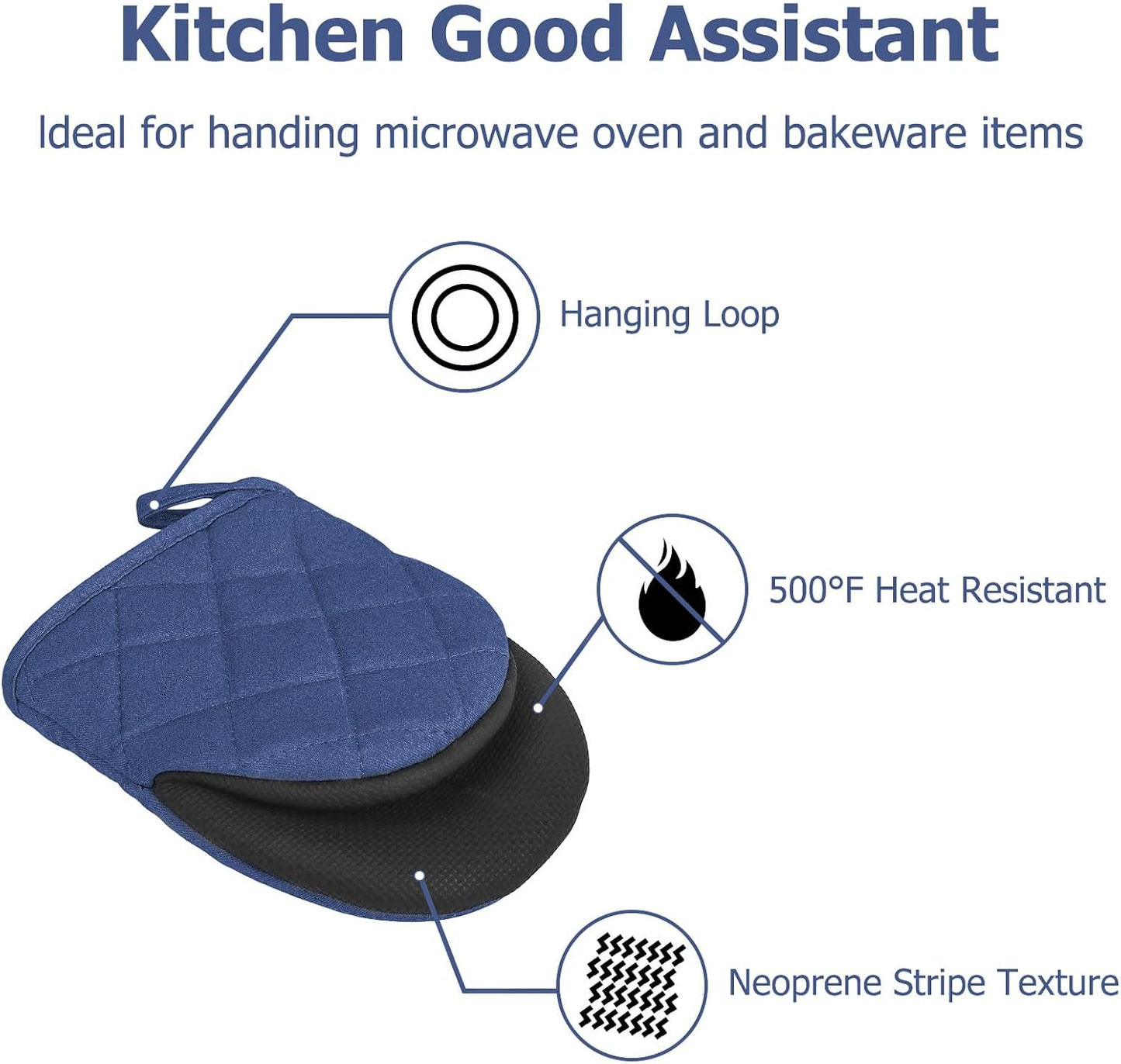 1 Pair Short Oven Mitts, Heat Resistant Silicone Kitchen Mini Oven Mitts for 500 Degrees, Non-Slip Grip Surfaces and Hanging Loop Gloves, Baking Grilling Barbecue Microwave Machine Washable