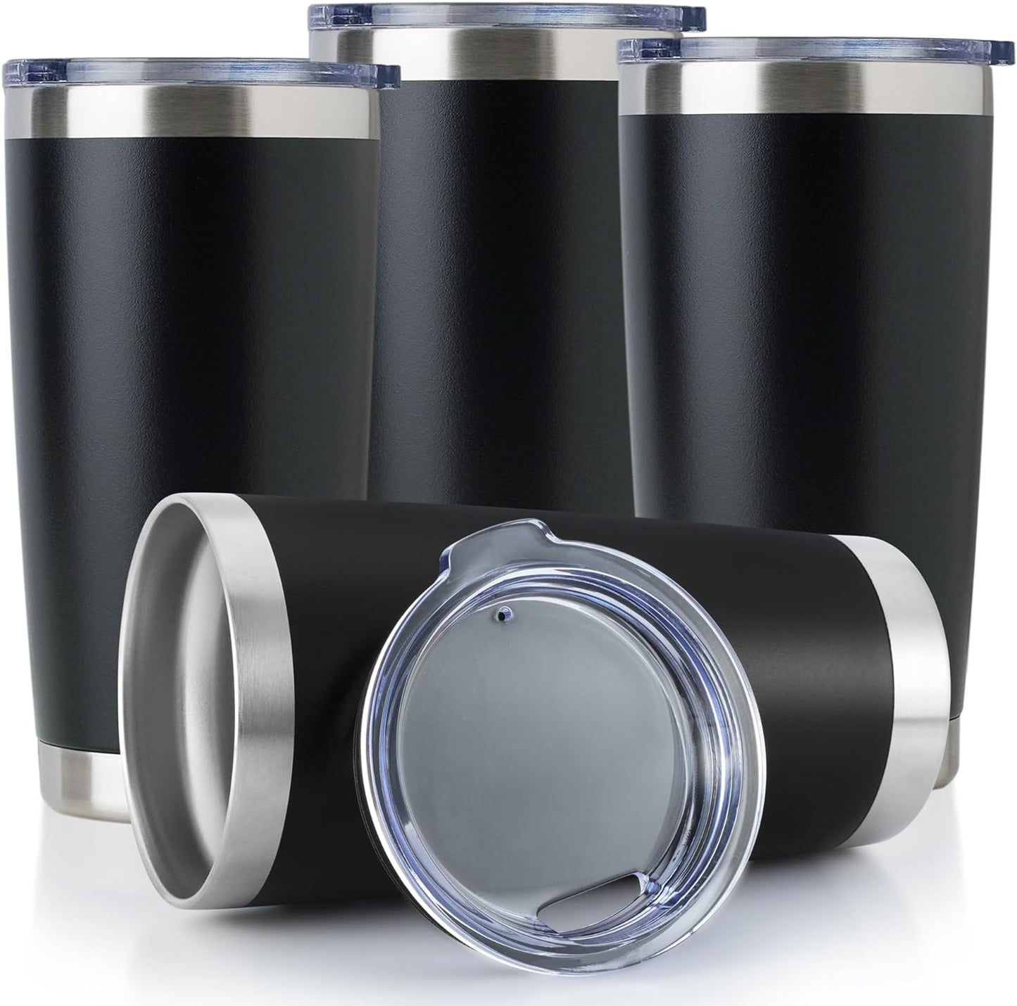 DOMICARE 20oz Stainless Steel Tumbler Bulk with Lid, Double Wall Vacuum Insulated Travel Mug, Powder Coated Coffee Cup, Powder Black, 4 Pack