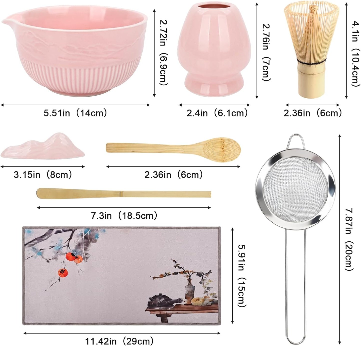 PHILORN Matcha Whisk Set 9Pcs Ceramic Matcha Kit Matcha Bowl with Spout, Whisk, Holder, Bamboo Scoop, Scoop Rest, Sifter and Tea Towe for Matcha Lover and Tea Ceremony (Pink)