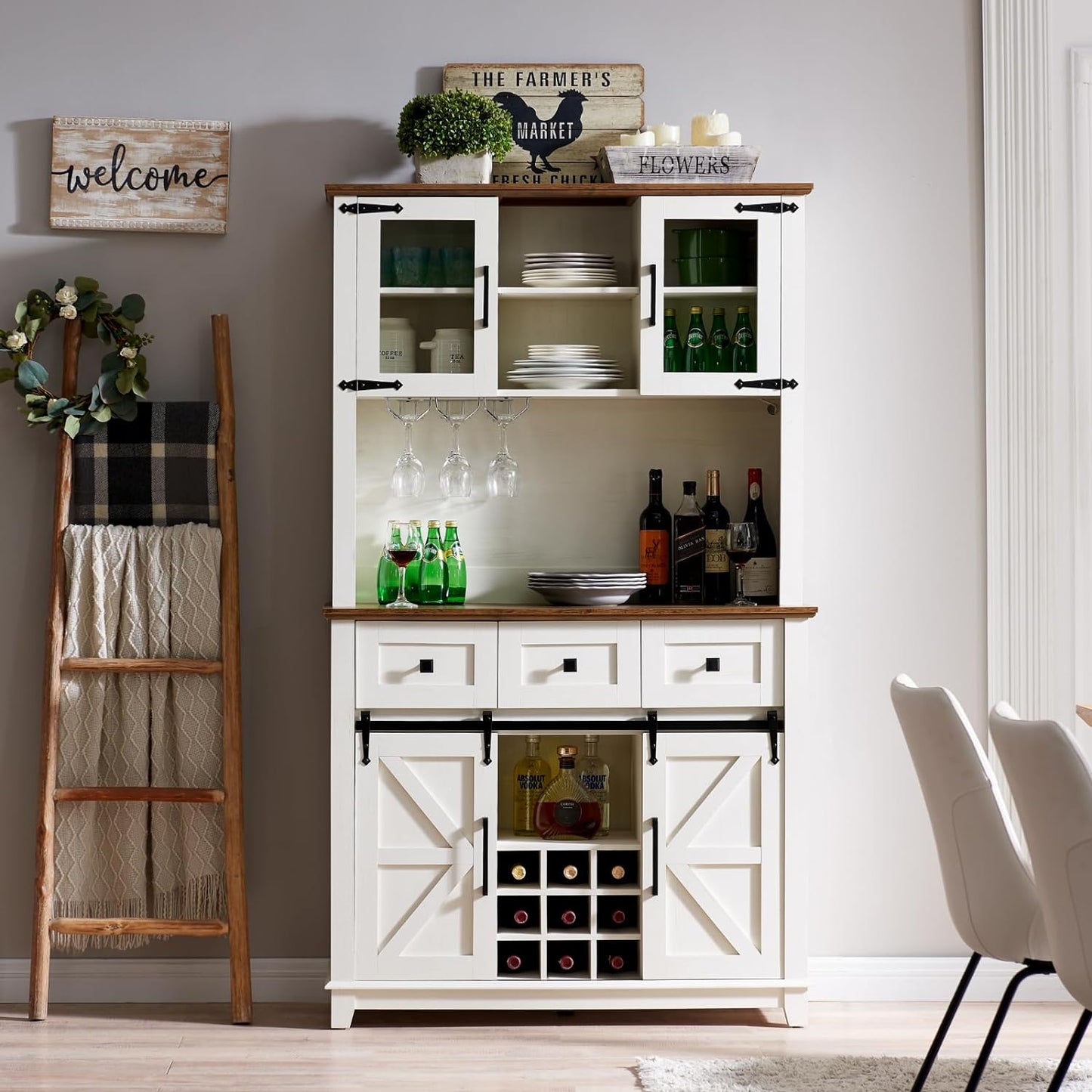 AMERLIFE 72" Coffee Wine Bar Cabinet with Sliding Barn Door, Farmhouse Kitchen Sideboard, Buffet Storage Table, 3 Drawers, LED Lights, Tall Hutch Home Bar for Dining Room, White