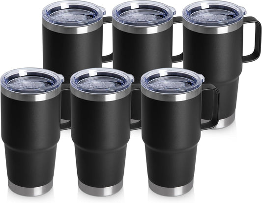 HASLE OUTFITTERS 20oz Tumbler Bulk with Lid, Stainless Steel Tumbler Bulk with Handle, Metal Insulated Travel Coffee Mug Set with Handle, Double Wall Vacuum Leak Proof Tumbler Cup, Black 6 Pack