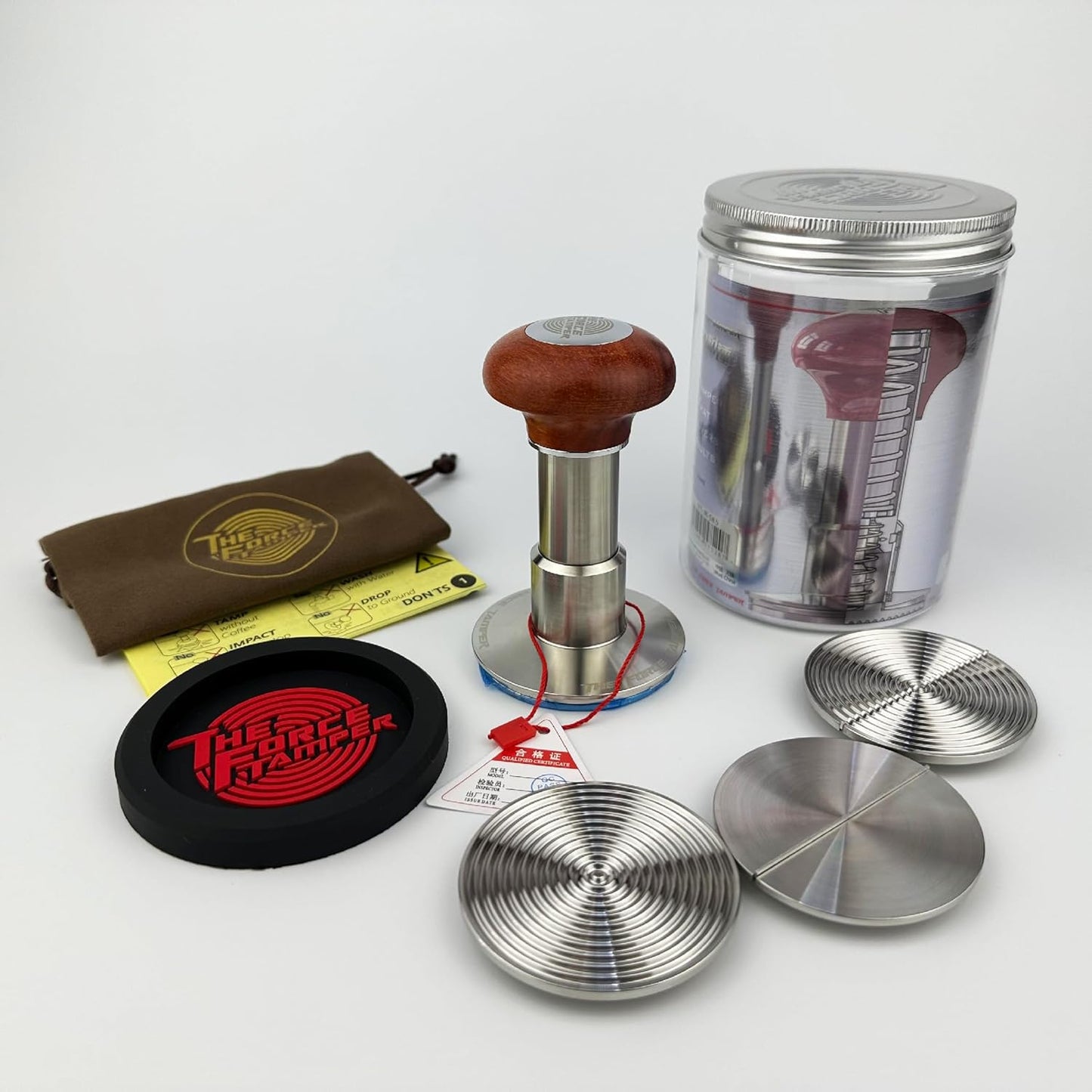 The Force Tamper Automatic Impact Adjustable Constant Pressure and Autoleveling Coffee Tamper Reddish Brown Jellyfish Wooden Handle Set Pro (Duo-Distribute Set, 58.50mm)