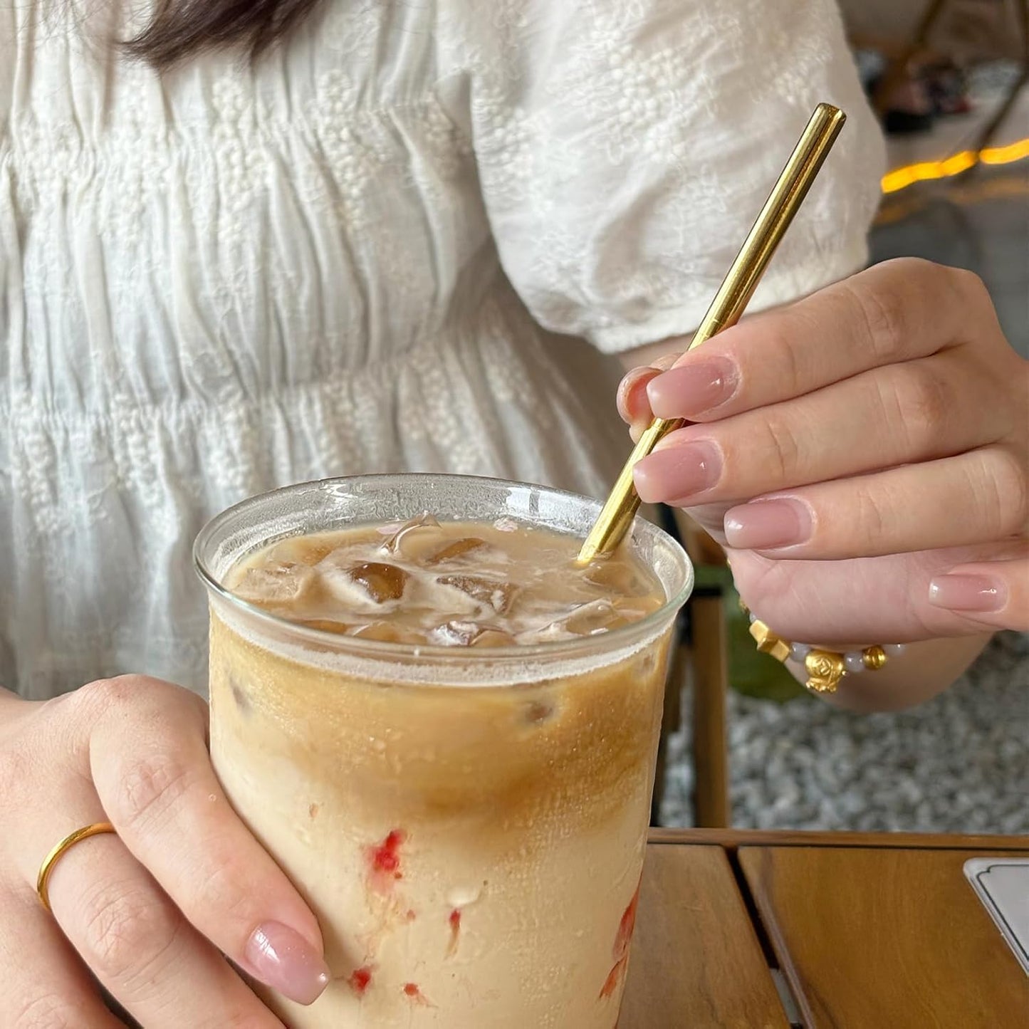 Stainless Steel Straws Metal Reusable Drinking Straw for Juice Iced Coffee Cold Beverage Water Highball Glasses 20oz Tumblers Mugs Cups, 0.24" 6mm Wide 215mm Long, Set of 8 with Brush, Gold