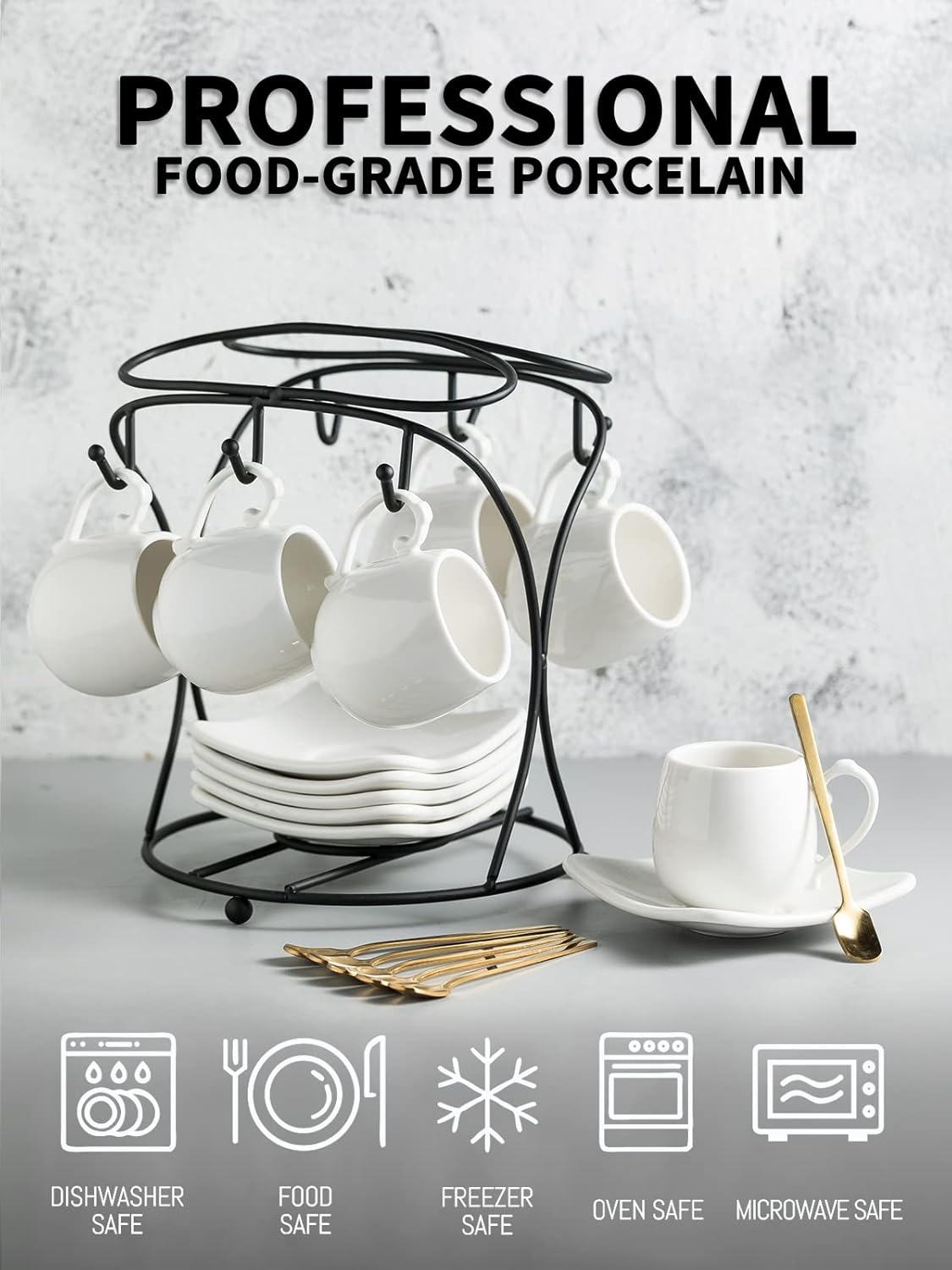 LYEOBOH Espresso Cups with Saucers Set, Porcelain Coffee Cups and Metal Stand and Spoons, Small Demitasse Cups for Espresso, Latte, Cafe Mocha, Cappuccino, and Tea, 3 OZ, Set of 6, White